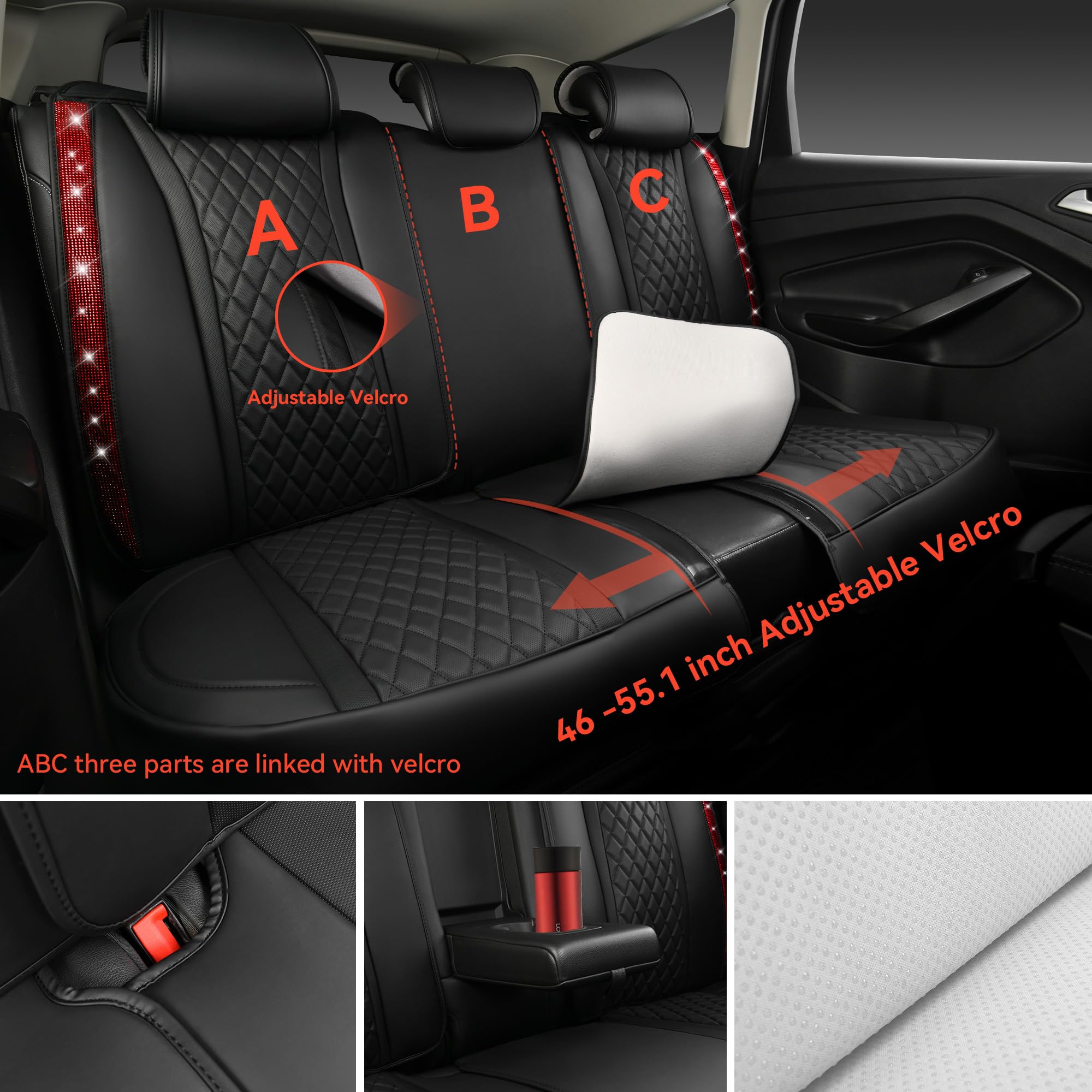 Car Pass Nappa Leather Bling Diamond Black Red Seat Covers Full Set, Waterproof Calfskin Heavy-Duty Anti-Slip, Universal Fit For