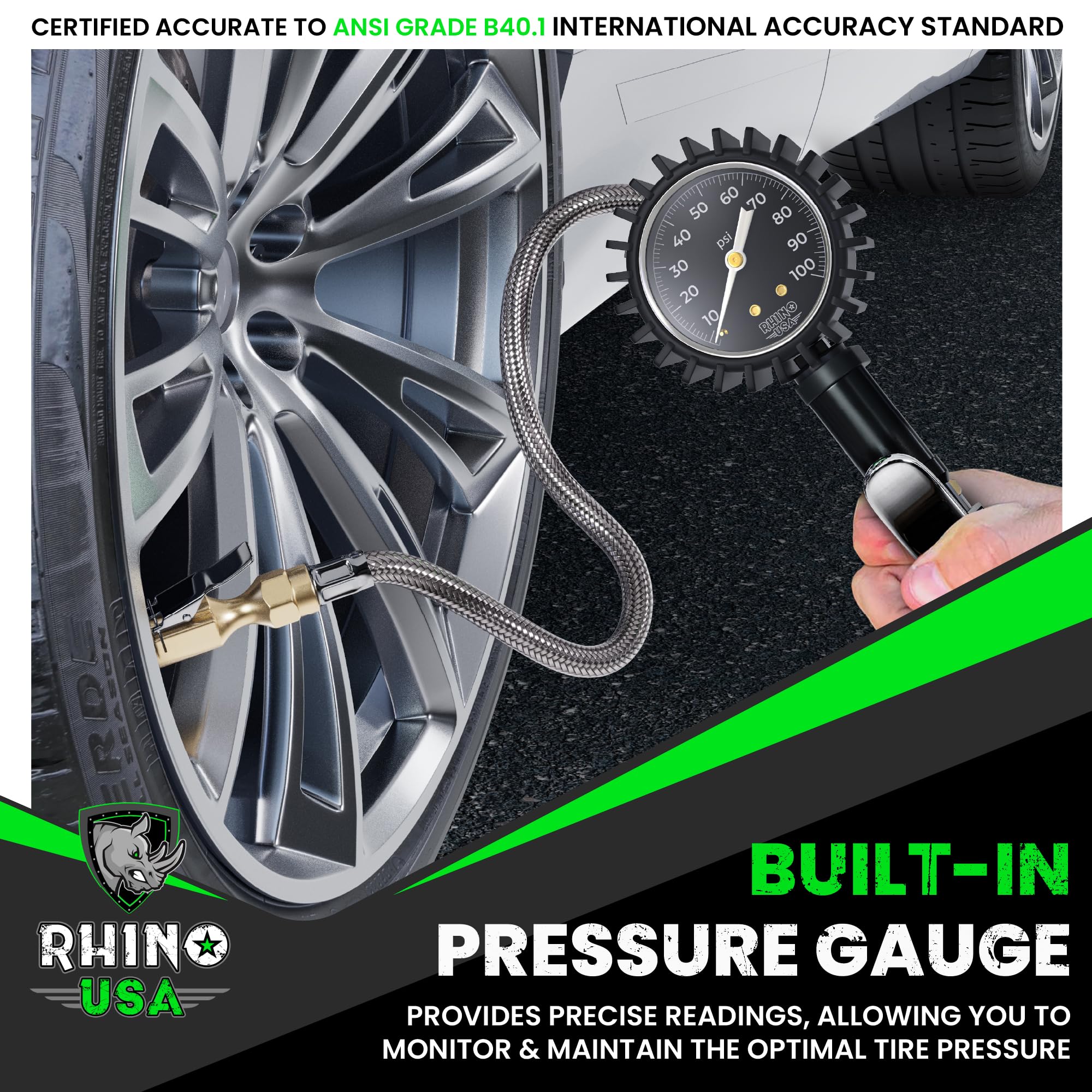 Rhino USA Tire Inflator with Pressure Gauge (0-100 PSI) - ANSI B40.1 Accurate, Large 2' Easy Read Glow Dial, Premium Braided Hose, Solid Brass Hardware, Best for Any Car, Truck, Motorcycle, RV