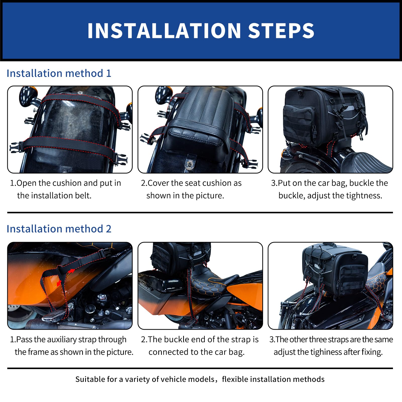 Fvmoto Universal Motorcycle Travel Luggage, Expandable Tail Bag 40-60L(10-15 Gallon), All Weather Rack Bag, Sissy Bar Bags, Helm