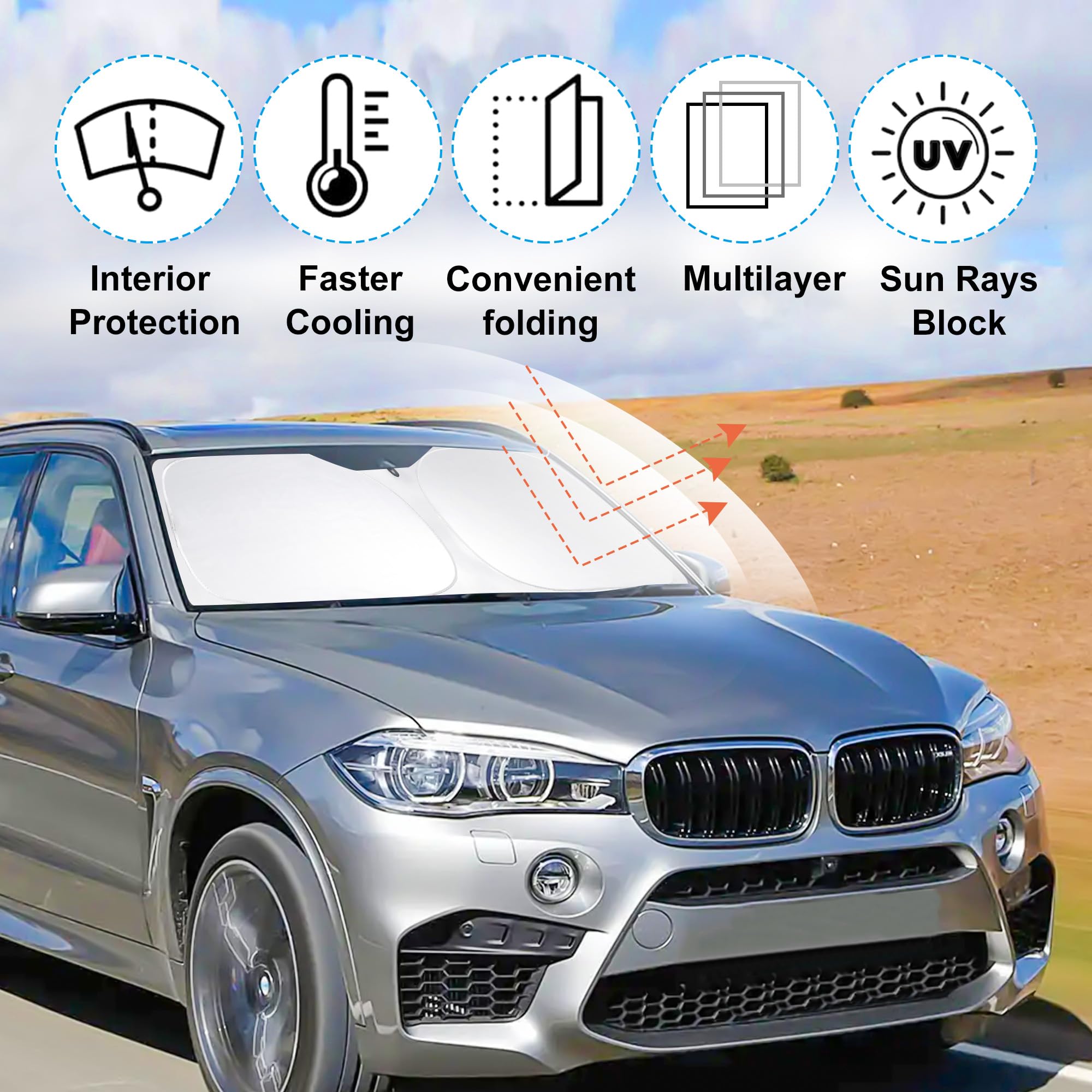 Yycke Windshield Sun Shade Accessories Compatible With 2014 2015 2016 2017 2018 X5 For Bmw Foldable Sunshade Sun Visor Blocks Uv