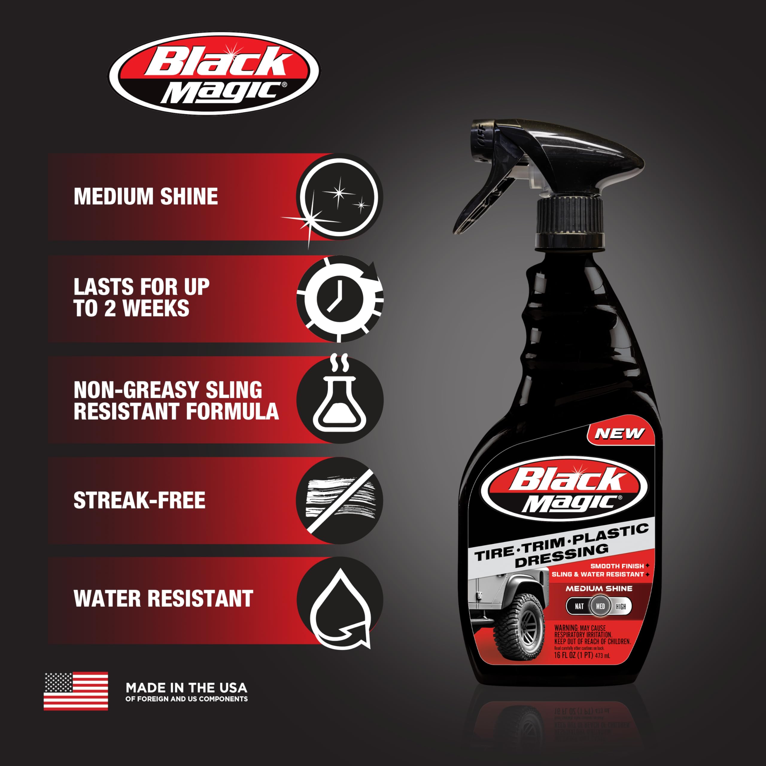 Black Magic 120230 Tire Trim Plastic Dressing, Medium Shine, Streak-Free, Water Resistant & Non-Greasy Formula For Tires, Trim &