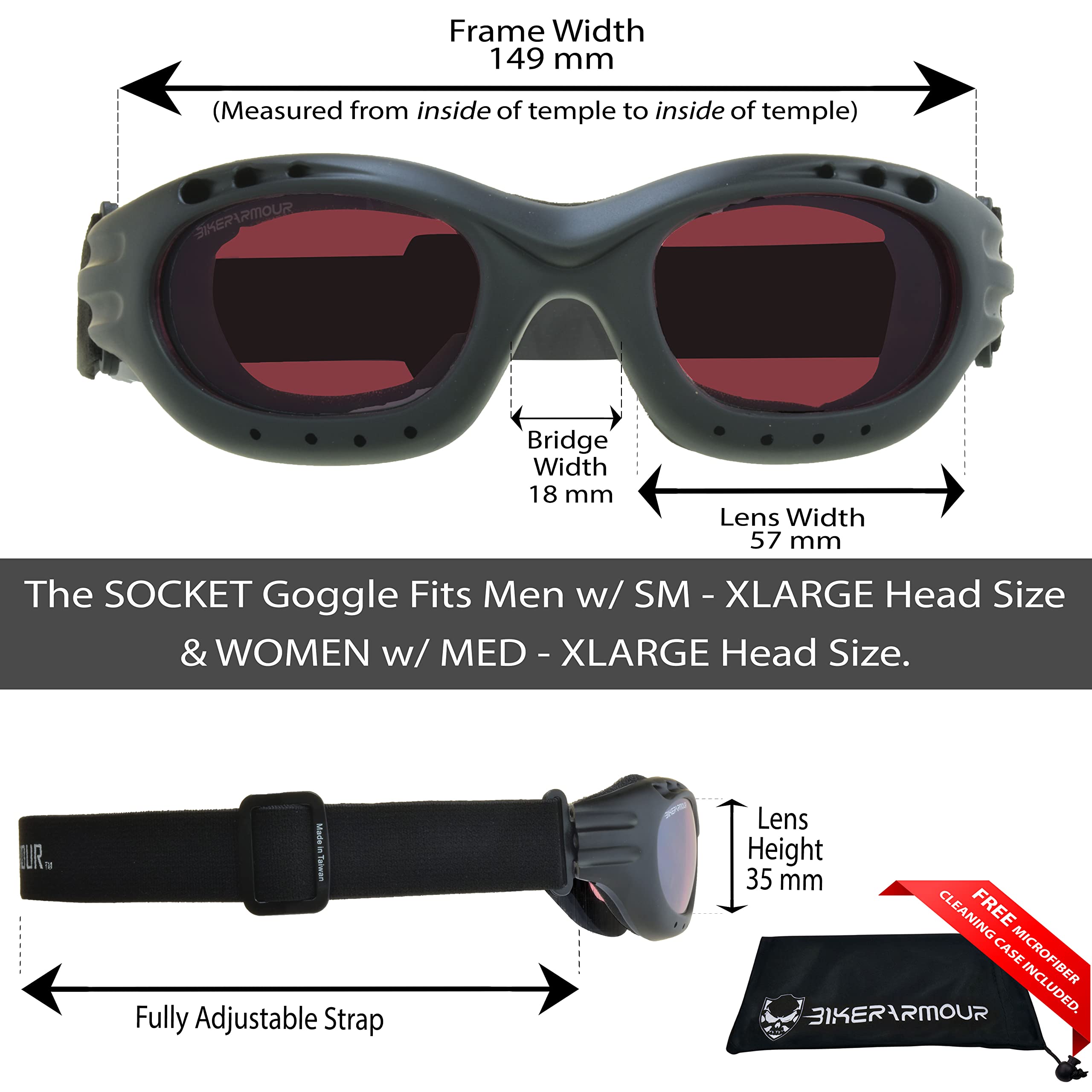 Bikershades Motorcycle Goggles Sunglasses Anti Glare Polarized Rose Lens Foam Cushion Adjustable Strap Ski Sky Diving