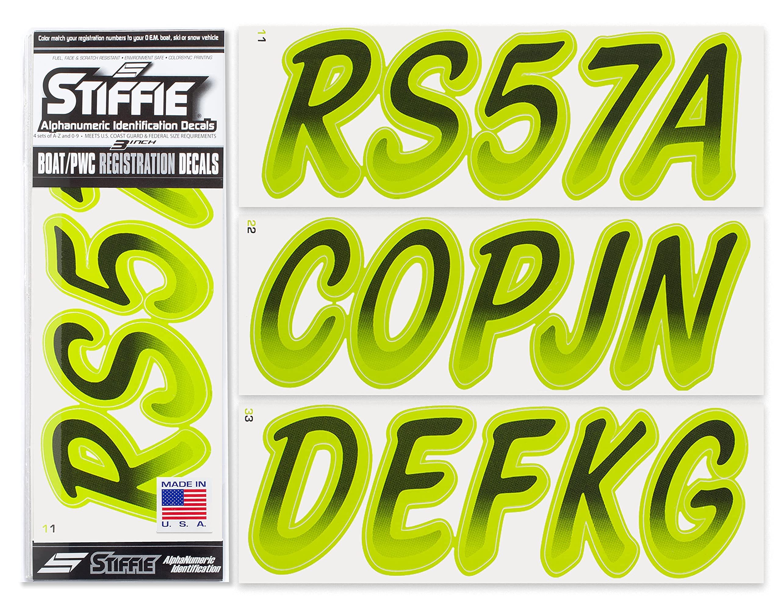STIFFIE Whipline Black/Atomic Green 3'' Boat & PWC Registration Decals  Numbers Letters Stickers