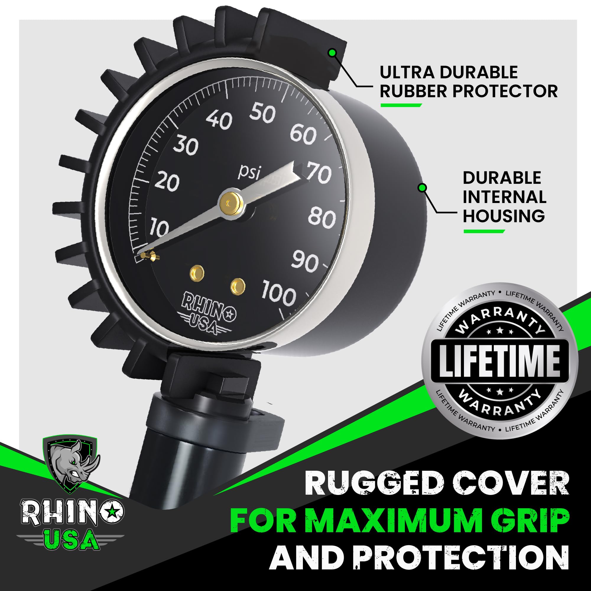 Rhino USA Tire Inflator with Pressure Gauge (0-100 PSI) - ANSI B40.1 Accurate, Large 2' Easy Read Glow Dial, Premium Braided Hose, Solid Brass Hardware, Best for Any Car, Truck, Motorcycle, RV
