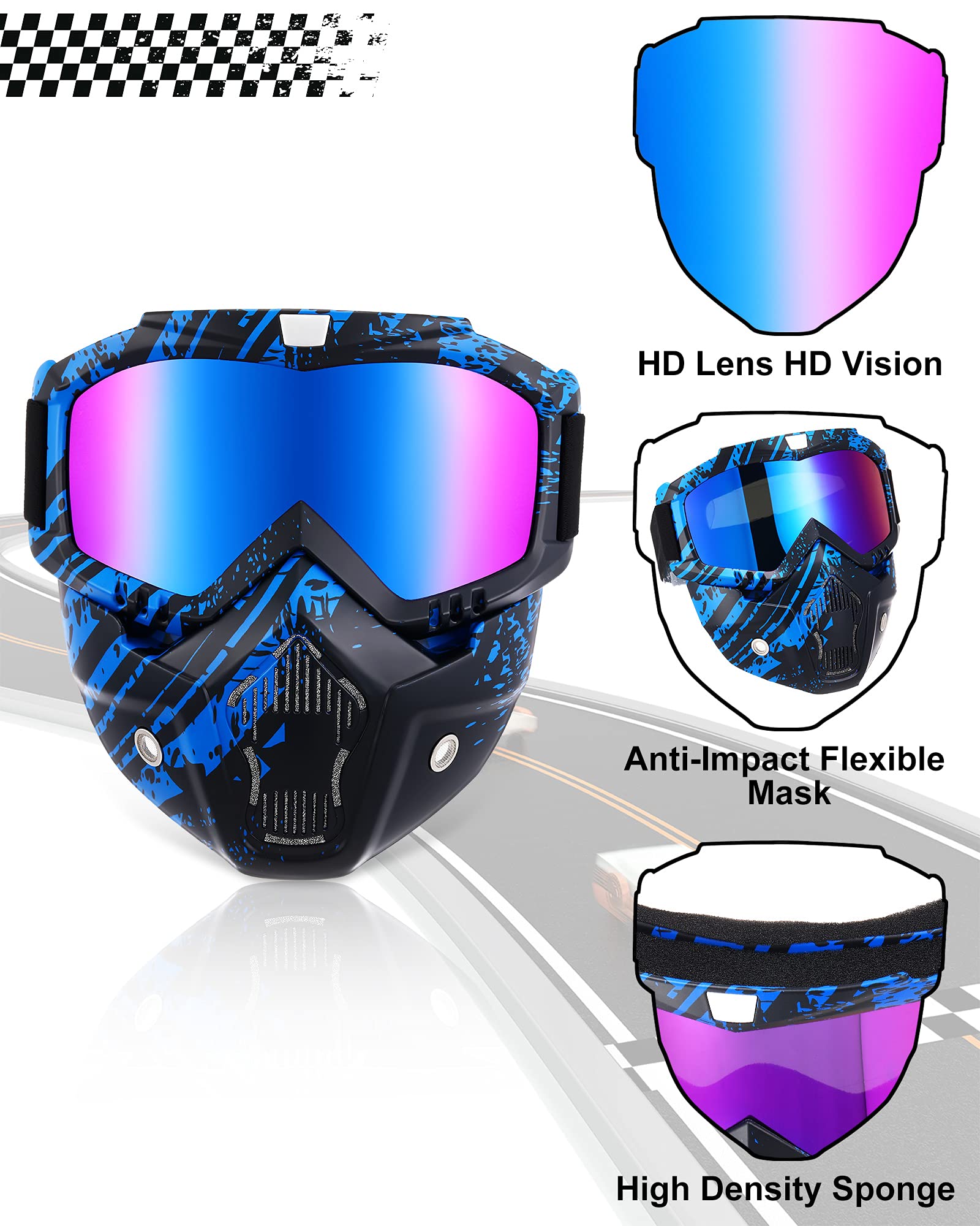 2 Pieces Motorcycle Goggles Face Mask Detachable Helmet Riding Goggles Glasses