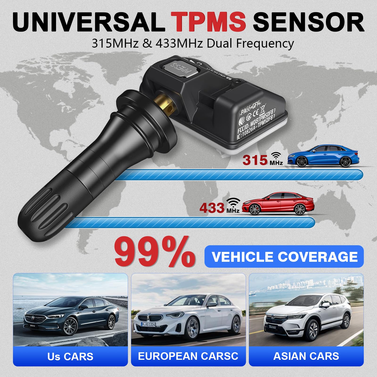 Autel Tpms Sensor Universal 1 Sensor With Dual Frequency (315Mhz + 433Mhz), Tire Pressure Monitoring Sensor Replacement For 99% Vehicles, Programmable By Autel Tpms Tool (Rubber Valve)