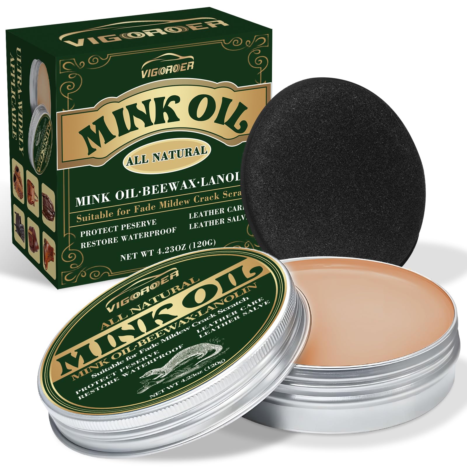 Vigorder Mink Oil For Leather Boots, 4.23Oz Leather Conditioner For Boots With Sponge, Made With Mink Oil Beeswax, Protect Softe