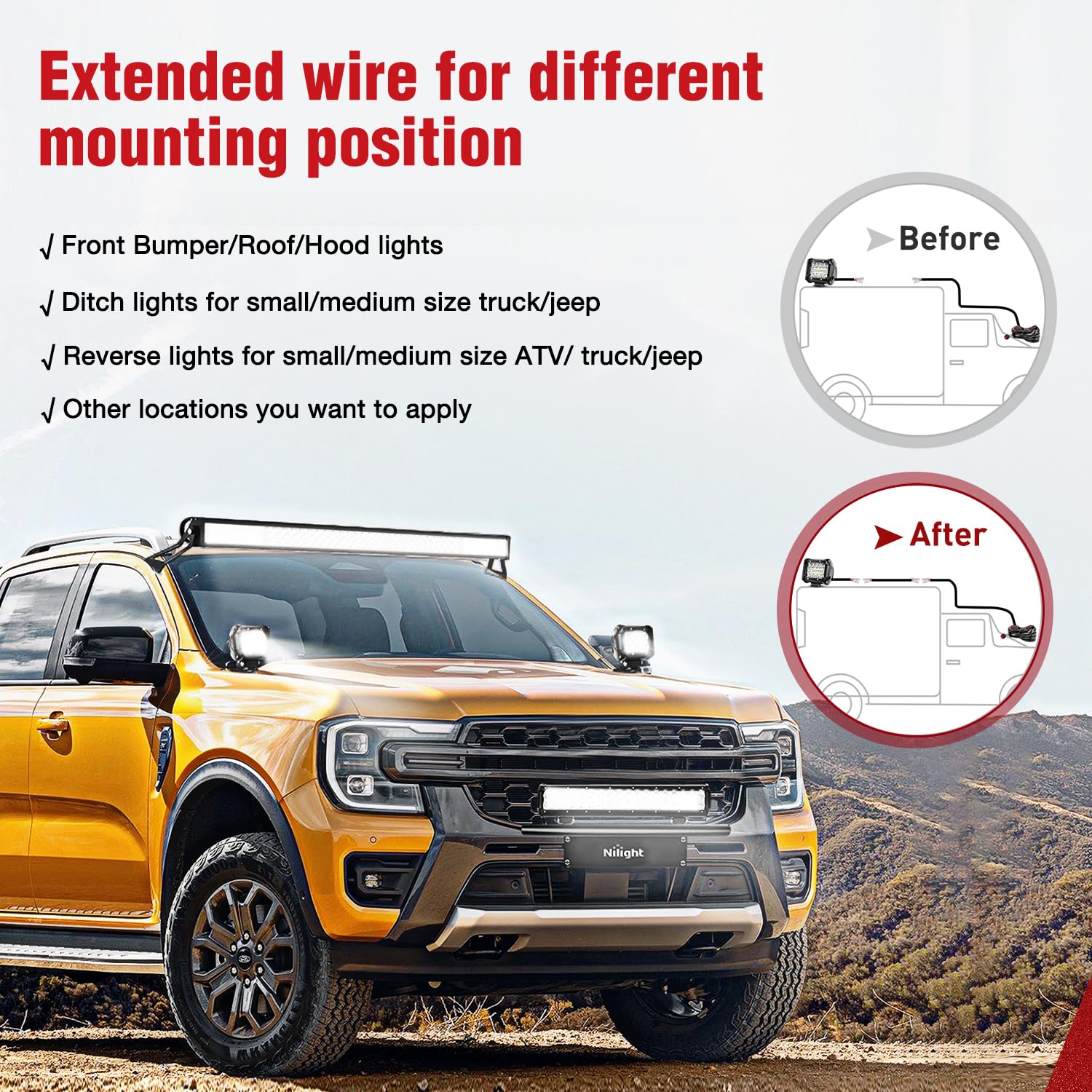 Nilight 2Pcs 16 Awg 20 Feet Wiring Harness Extension Kit For Led Light Bar Work Light Led Pods Off Road Lights Driving Fog Light