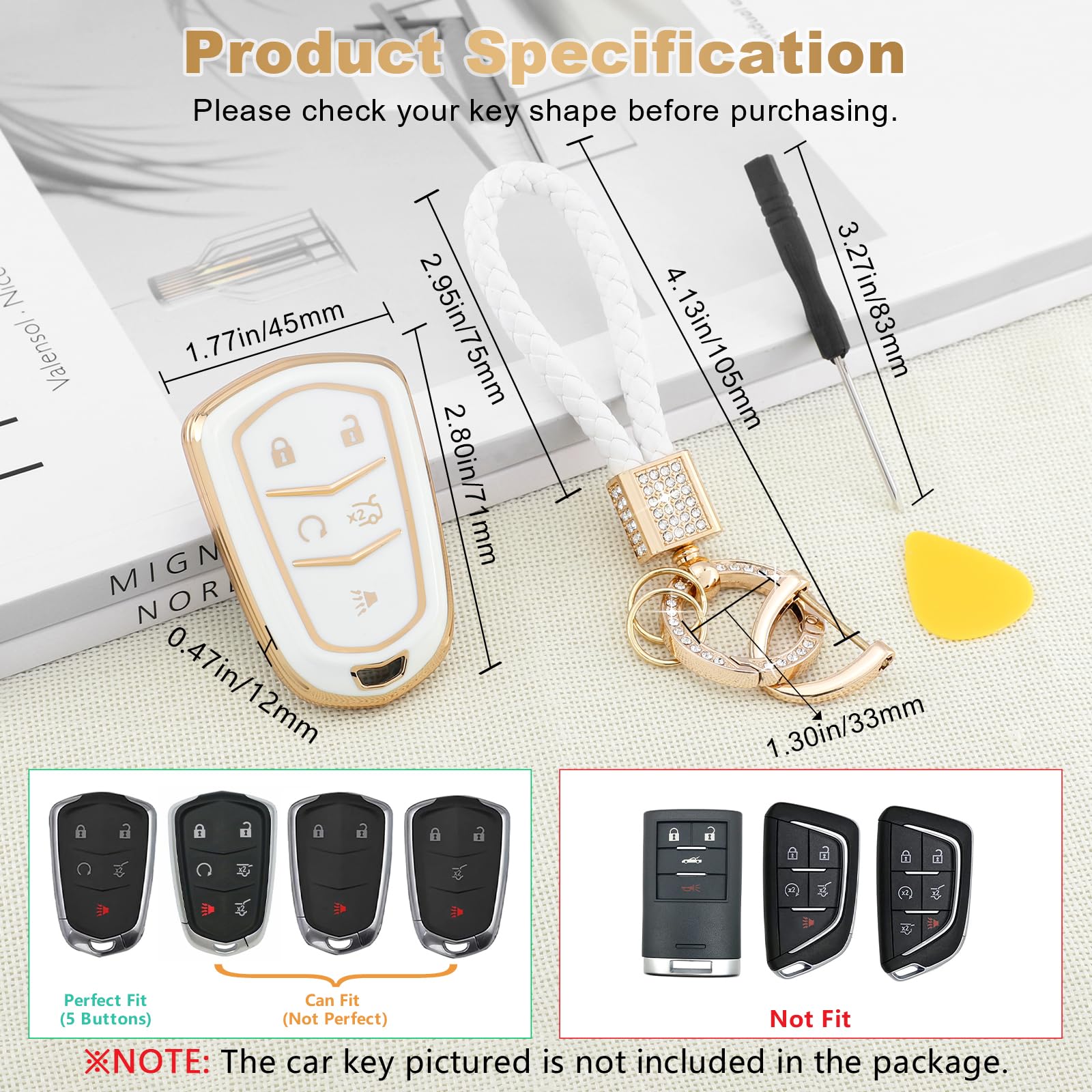 Pifoog Key Fob Cover Fit For Cadillac Xt5 Xt6 Xt4 Cts Ct6 Ats Srx Xts 5 Buttons White Gold Car Keys Case Shell Bling Keychain Fu