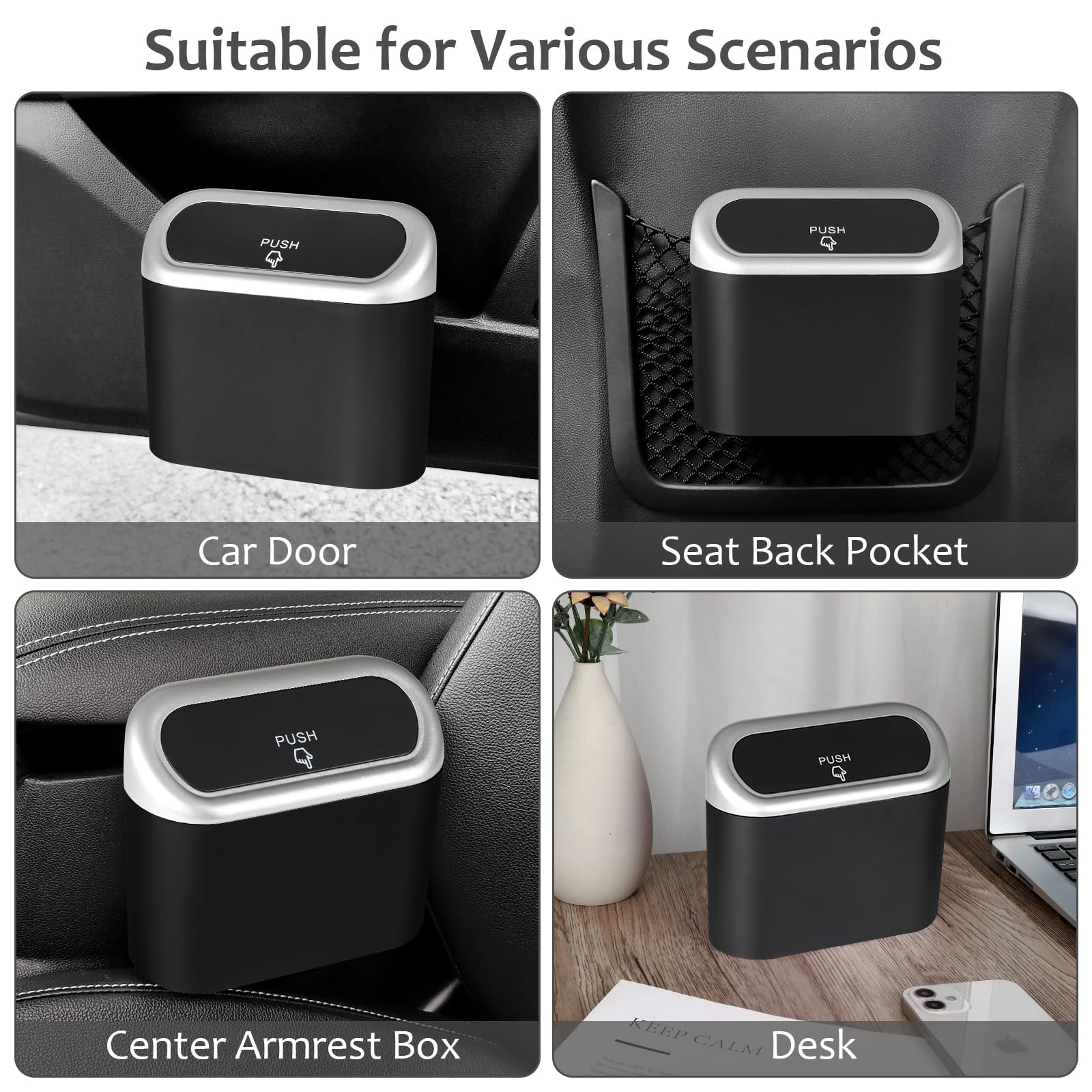 Accmor Car Trash Can With Lid, Mini Vehicle Trash Bin Car Dustbin Garbage Organizer Holder With Trash Bag, 2 Pack Small Hanging Leakproof Cars Storage Bag Container For Auto, Suv, Office (Silver)