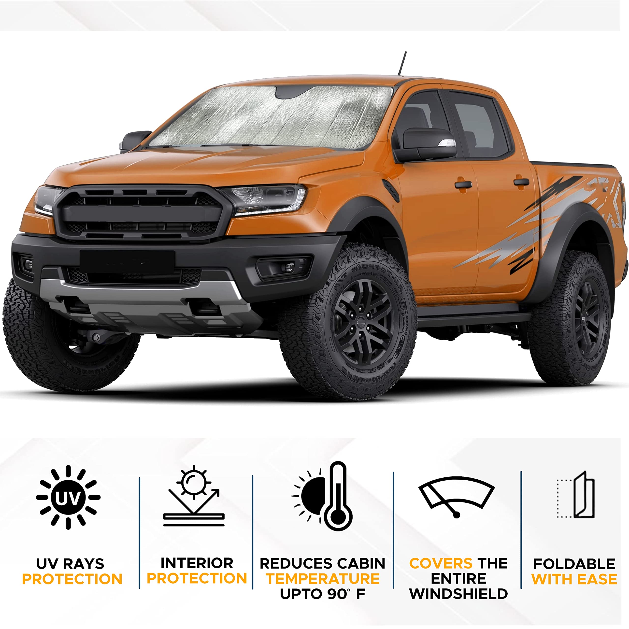 Econour Accordion Truck Windshield Sun Shade | Sun Visor For Truck Fits Large Suvs & Pickup Trucks | Blocks Uv Rays For Interior Protection | Truck Accessory For Heat | Xl (66 X 27 Inches)