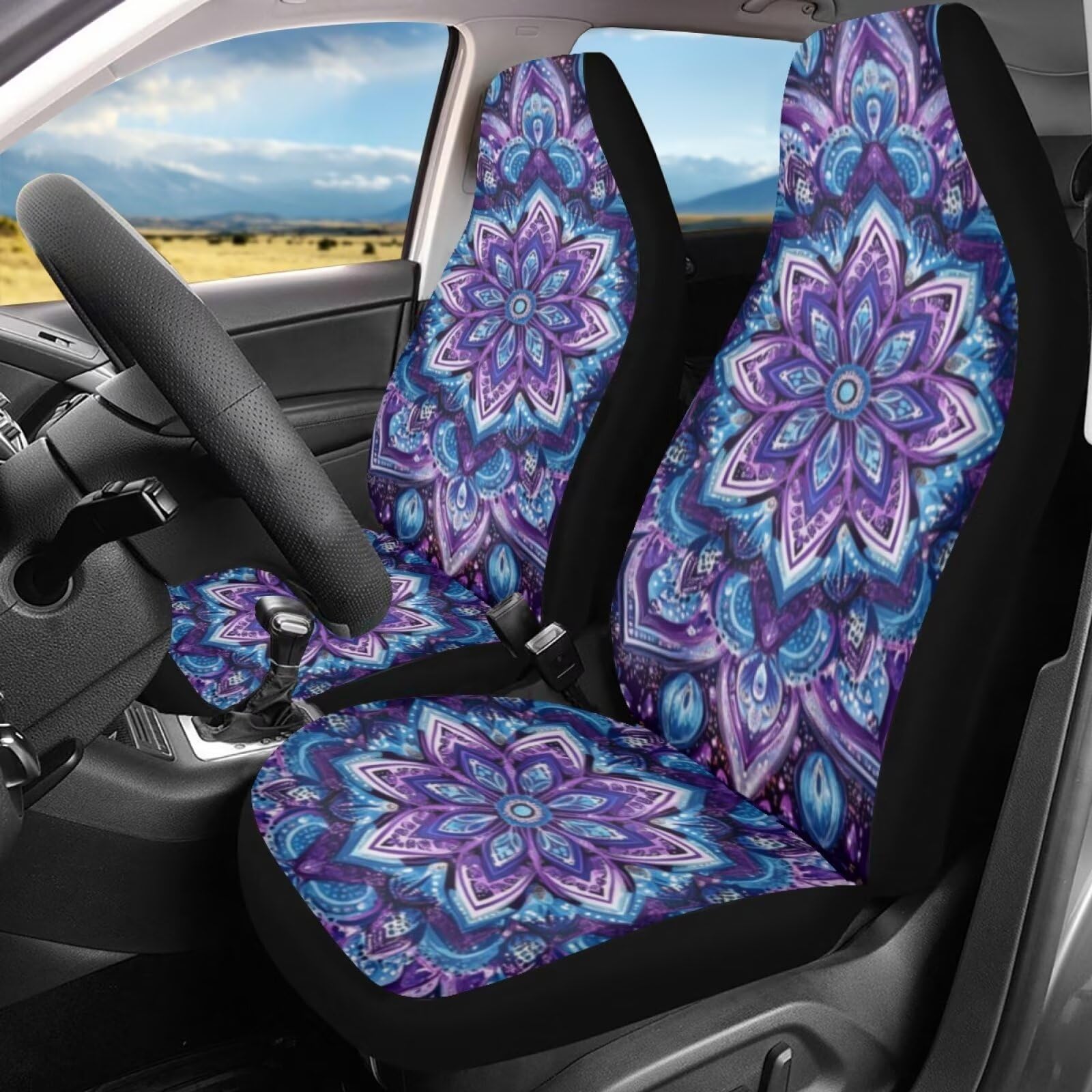 Bigcarjob Purple Lotus Car Seat Covers Set For Women Auto Interior Seat Protector Boho Lotus Car Accessories Set 2 Pcs Auto Fron