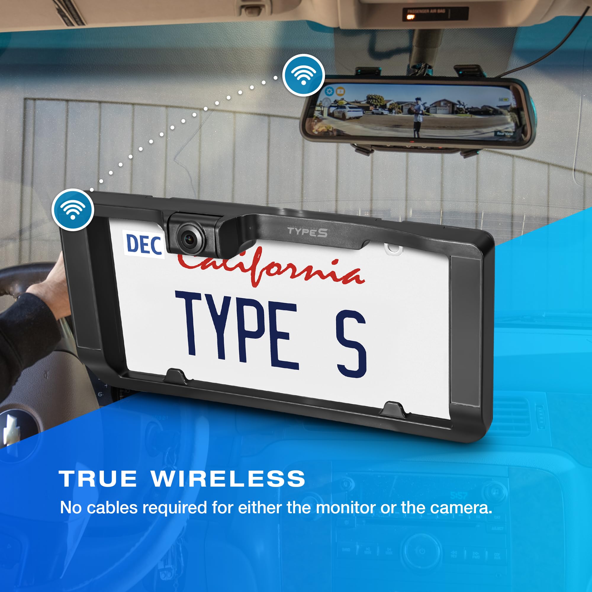 TYPE S True Wireless Solar Backup Camera | License Plate Frame | Self-Charging | 720p Night Vision | Easy 3-Minute Installation