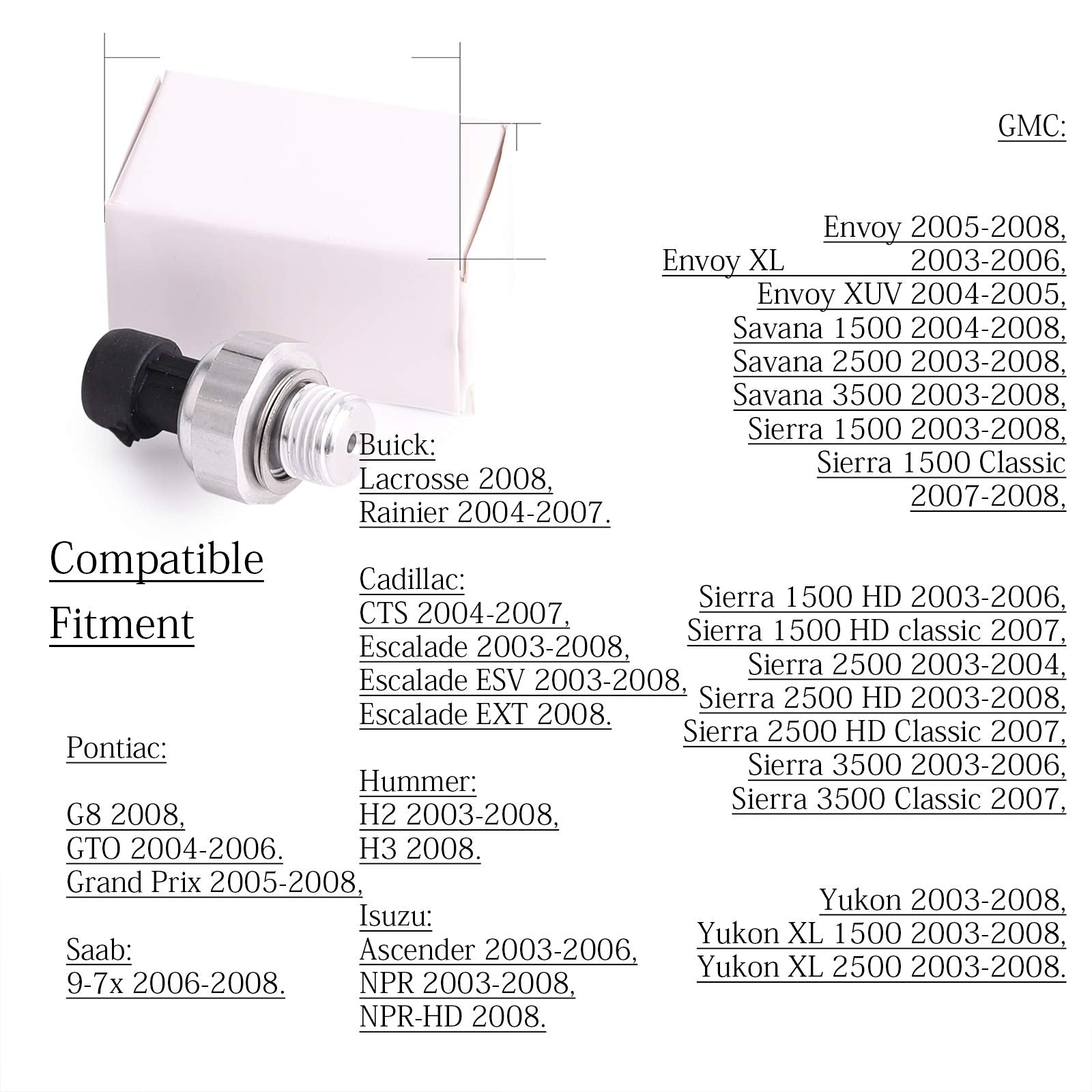 Engine Oil Pressure Sensor/Switch/Sending Unit D1846A Compatible With 2003-2008 4.8L/5.3L/6.0L/6.2L,Gm Chevrolet Chevy Silverado Gmc Sierra Buick Lacrosse Cadillac Escalade