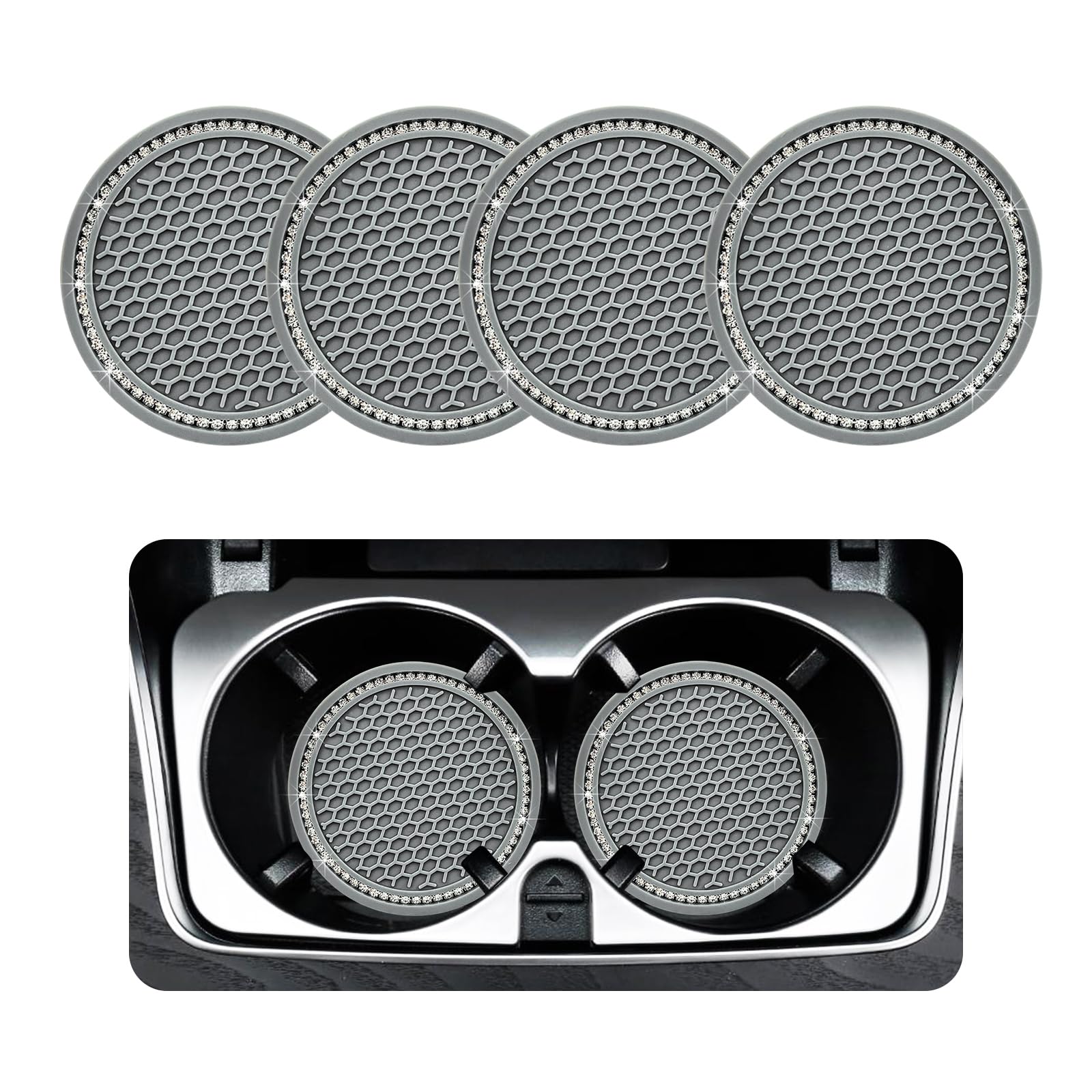 Ziciner 4 Pack Bling Car Cup Coaster, Crystal Soft Rubber Cup Holder Insert Coaster, Anti-Slip Rhinestone Drink Cup Mat, Univers
