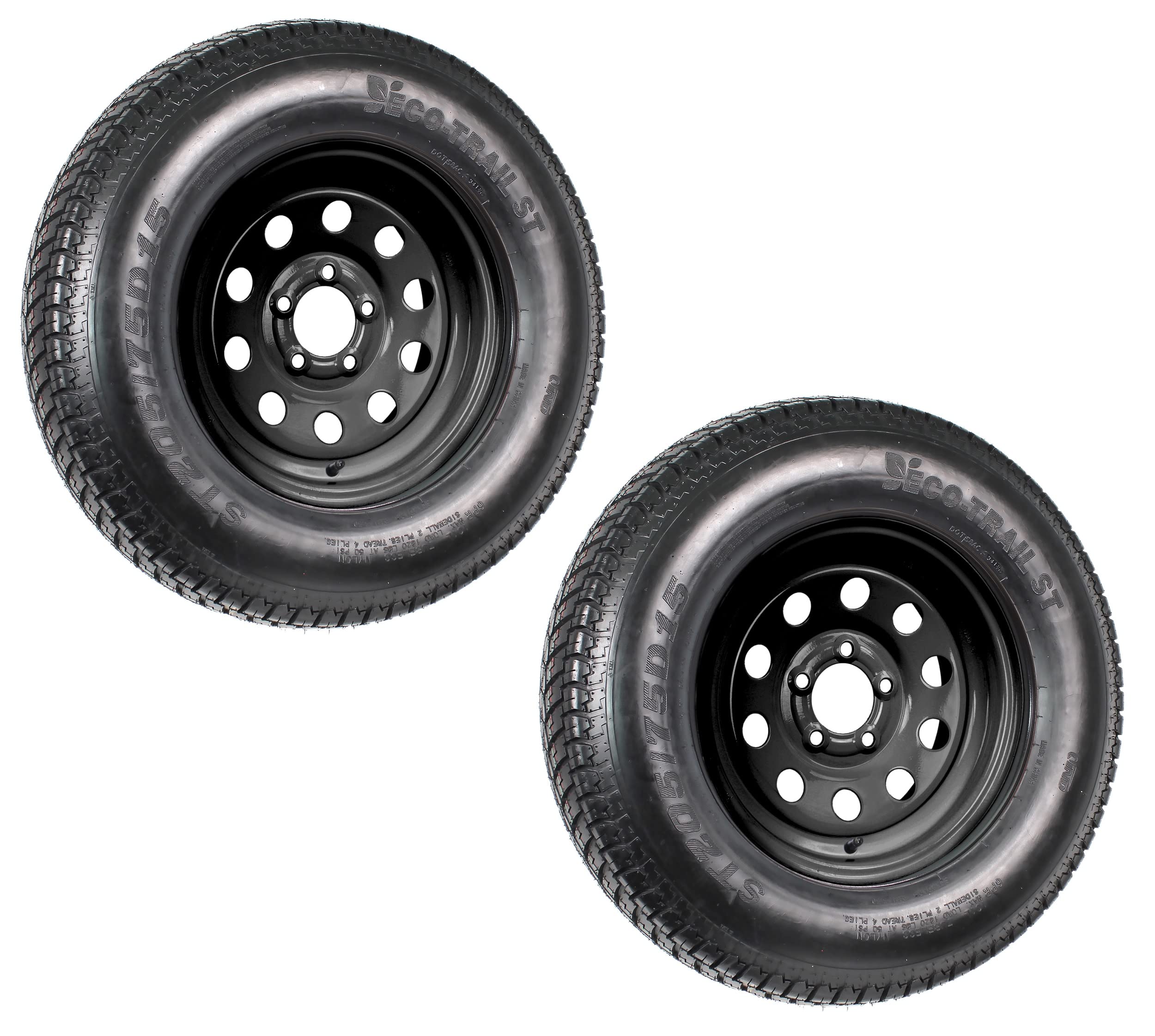 Ecustomrim 2-Pack Trailer Tire On Black Wheel Modular Rim St205/75D15 Load Range C 5 Lug On 4.5-2 Year Warranty W/Free Roadside