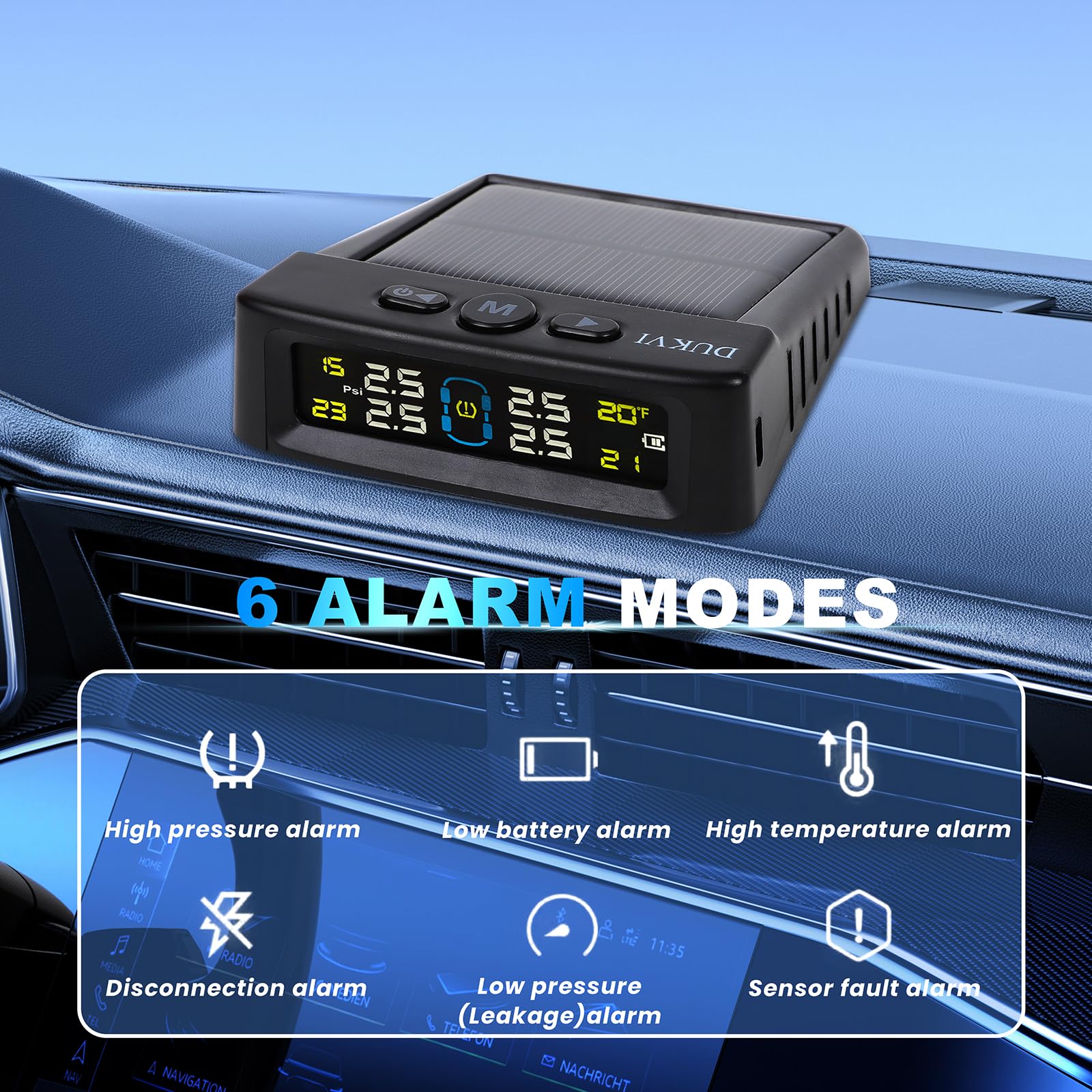 RV Tire Pressure Monitoring System with Solar and USB Charger, Trailer TPMS with 4 Sensors & 6 Alarm Modes, LCD Display Screen,