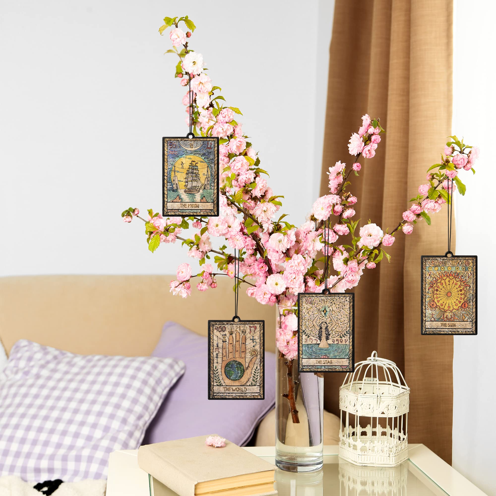 L1Rabe 4Pcs Vintage Tarot Car Air Fresheners, The Star World Sun Moon Hanging Air Freshener Fragrance Scented Cards Old Style Ta