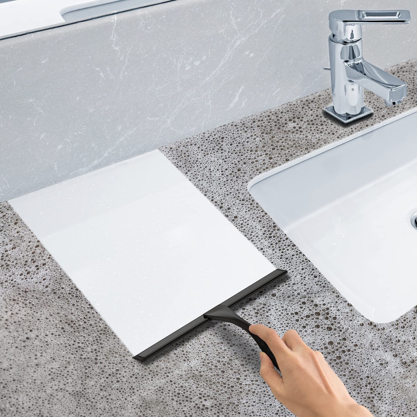 All-Purpose Stainless Steel Shower Squeegee For Shower Doors With 2 Adhesive Hooks, Bathroom Cleaner Tool Household Window Mirror Squeegee For Home Cleaning, Glass Door, Tile Wall, Car, 10 Inch Black