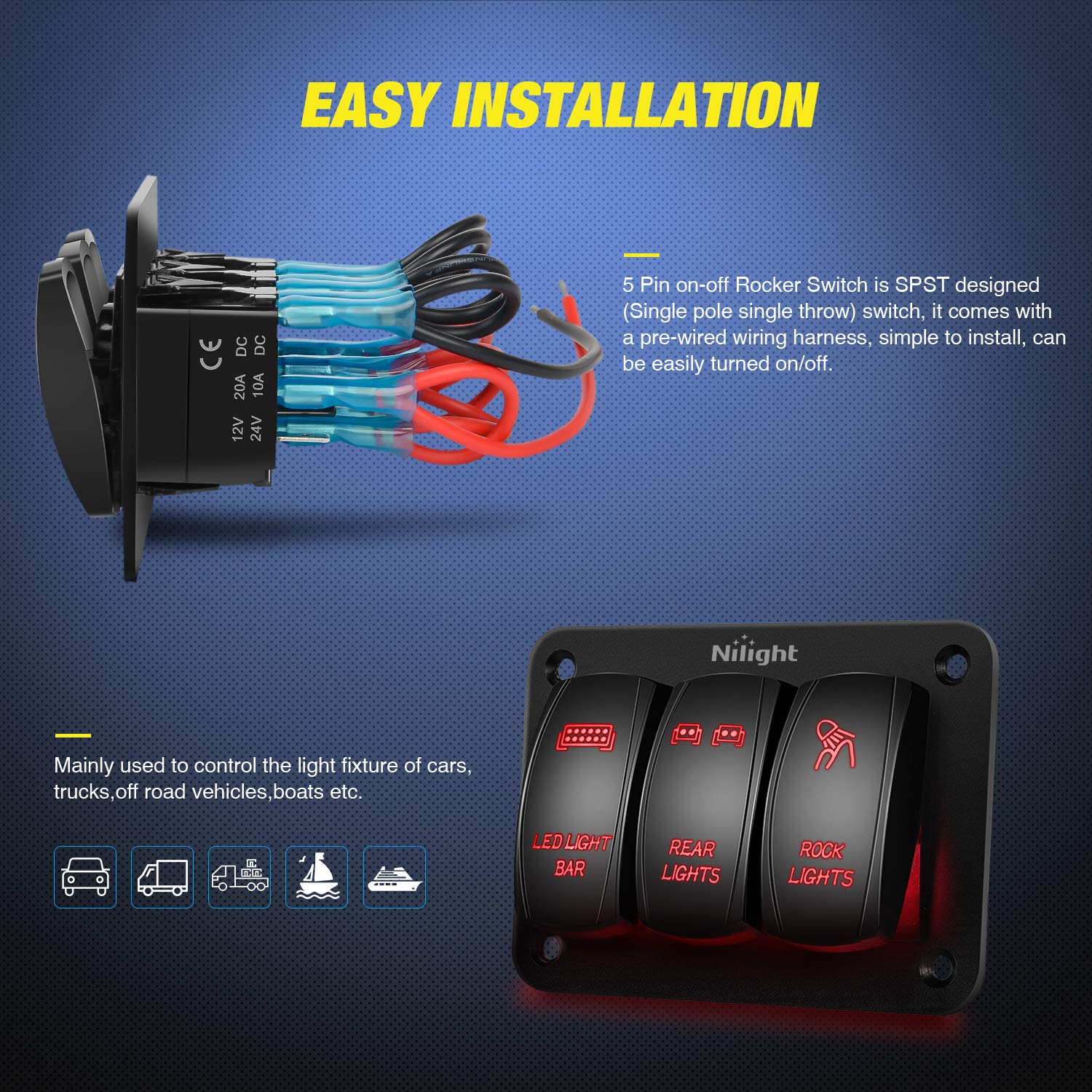 Nilight - 90128C 3 Gang Rocker Switch Panel Aluminum 5 Pin On Off Toggle Switch Panel Pre-Wired Rocker Switch Spst 12V 24V Switc
