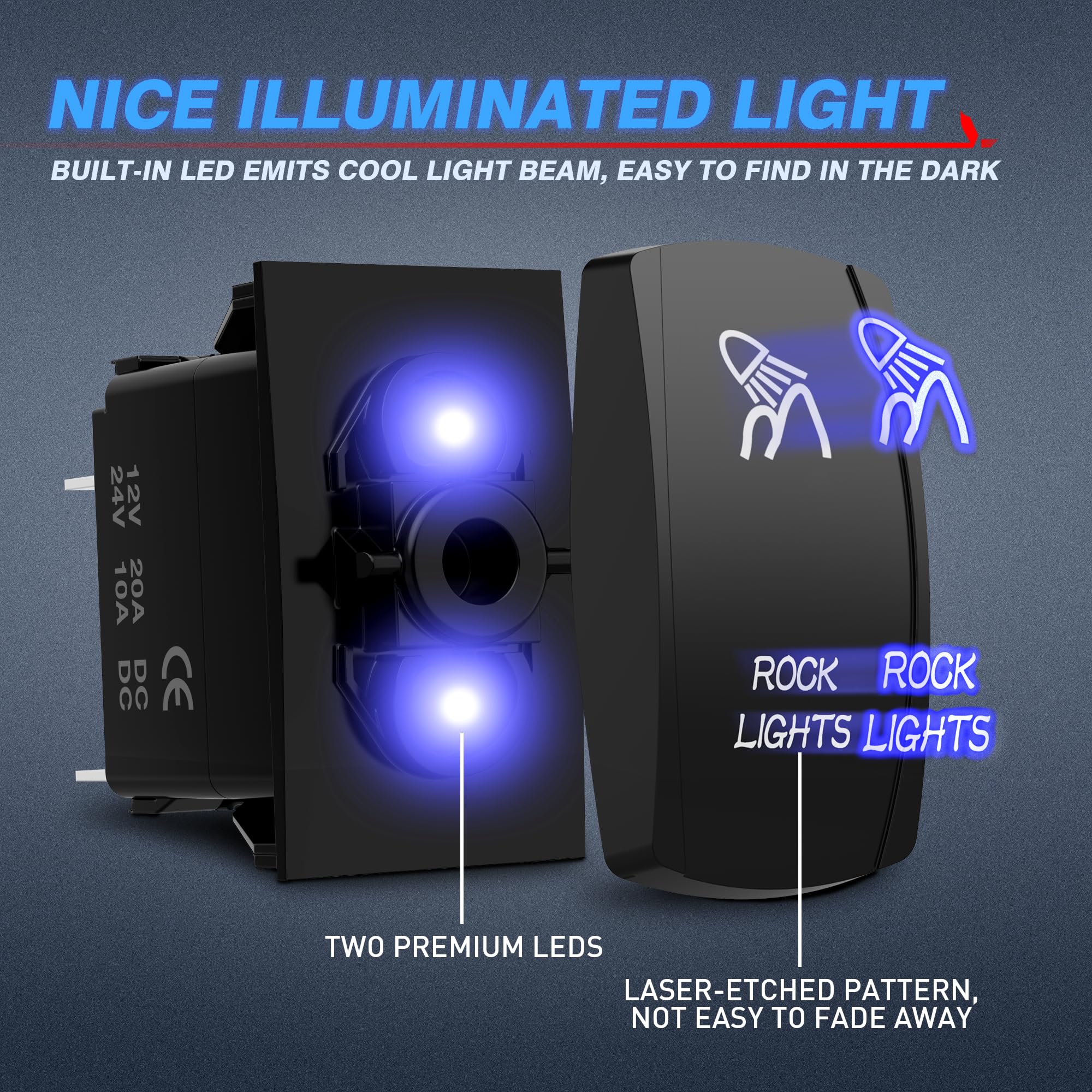 Mictuning Blue Rock Lights Rocker Switch Kit- On/Off Blue Led Light 20A 12V (Ls083501Jl)