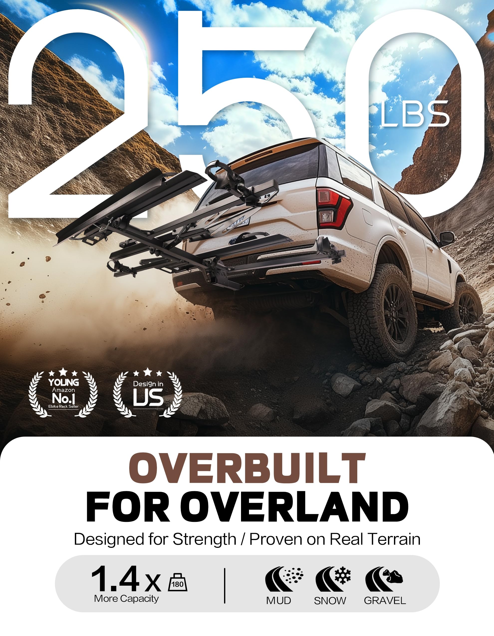 YOUNG ELECTRIC 250LBS. Capacity Foldable Aluminum 3-Ebike Rack with Ramp for Car SUV RV Truck Trailer and Van, 2 Inch Receiver