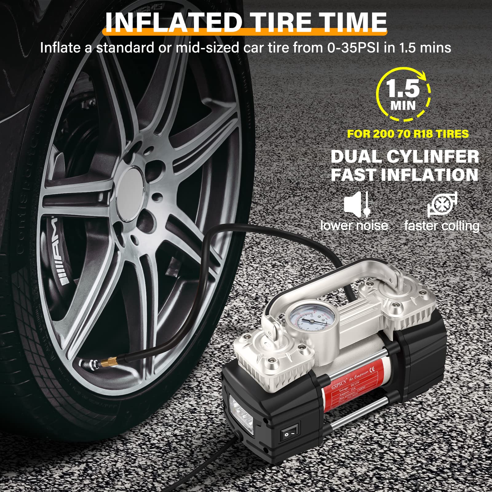 Gspscn Silver Dual Cylinder 12V Air Compressor Pump For Car, Heavy Duty Portable Tire Inflator 150Psi With Led Work Lights For A