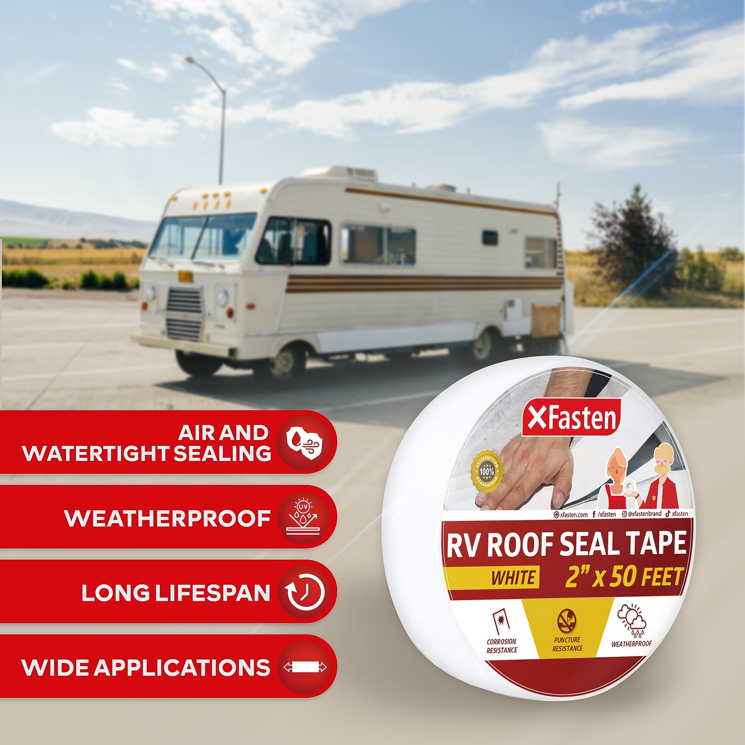 X Fasten Rv Repair Tape, White, 2-Inches X 50-Foot, Weatherproof Rv Rubber Roof Patch Tape For Rv Repair, Window, Vent, Boat Sealing, And Camper Roof Leaks