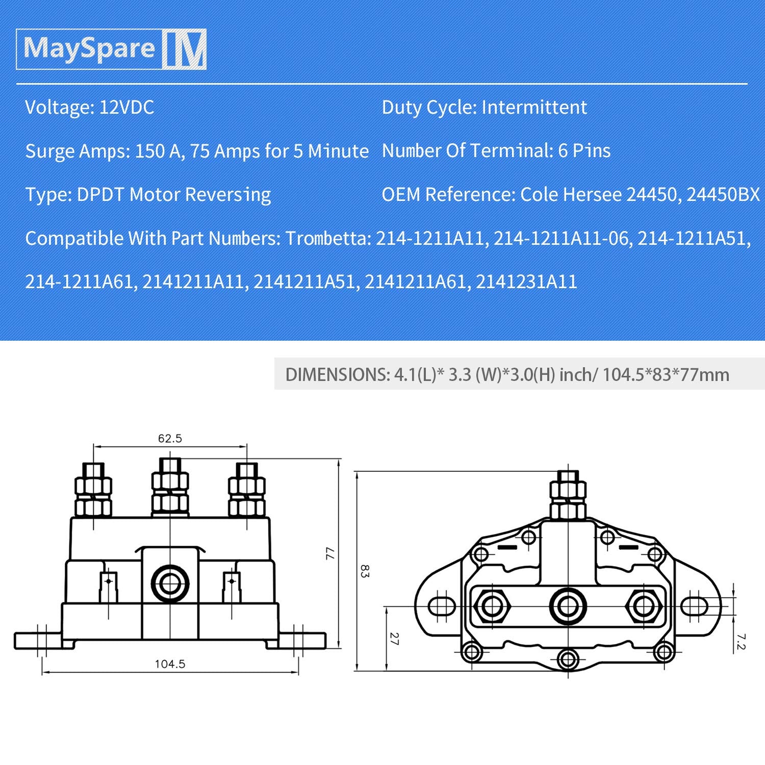 Mayspare Winch Motor Reversing Solenoid Switch Intermittent Duty Trombetta 214-1231-A11 6 Terminal 12Vdc