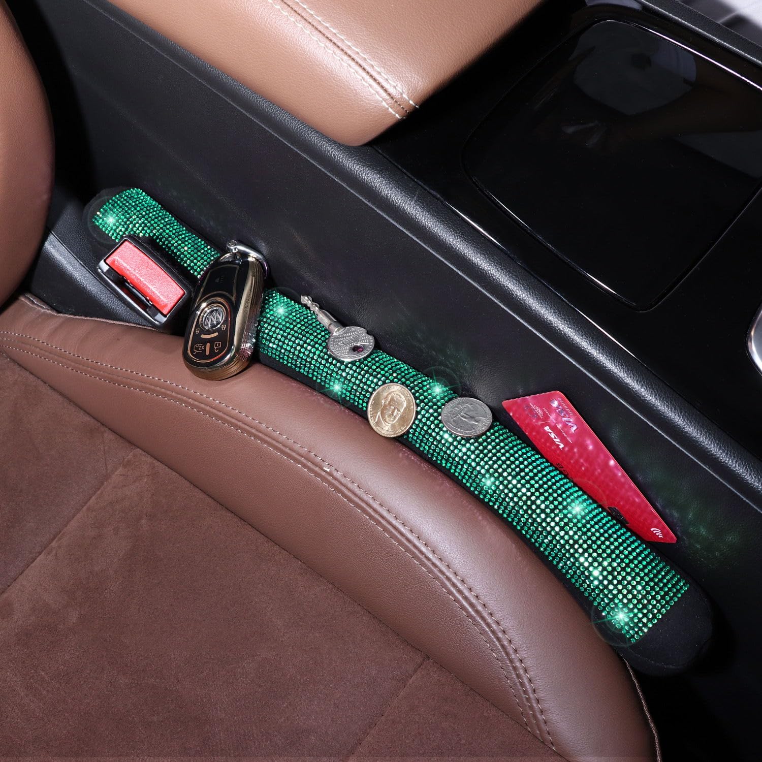 Tobequeen Green Car Seat Gap Filler, Universal Fit For Car Suv Truck, Handmade Crystal Diamond Rhinestone Green Bling Car Access
