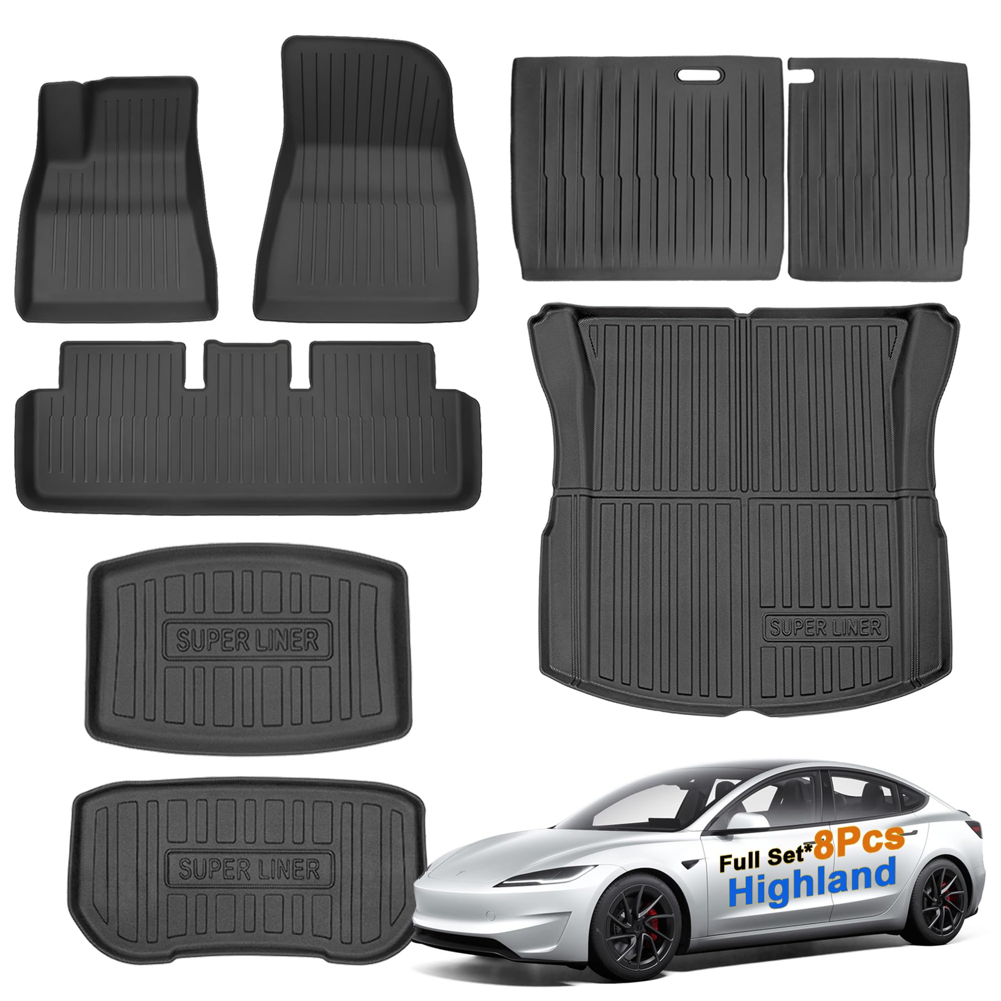 Super Liner Tesla Model 3 Floor Mats 2025 2026 All-Weather Floor Mats Set 8-Pieces | Custom Fit, Pet & Child-Friendly | Model 3