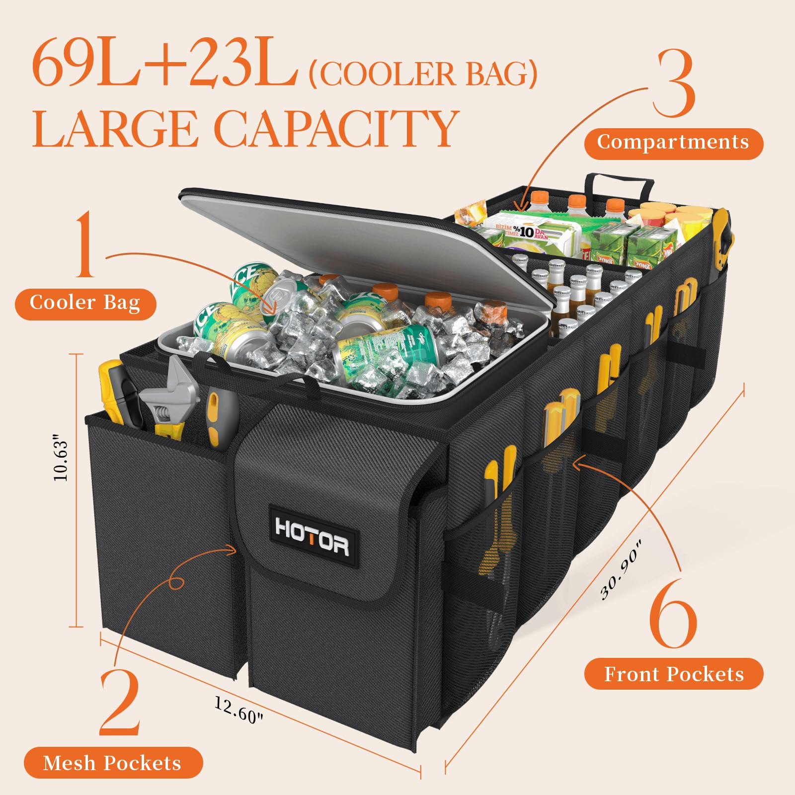 Hotor Trunk Organizer, Sturdy Foldable With Cooler For Car & Suv, 3 Compartments, Black, 30.90     12.60     10.63