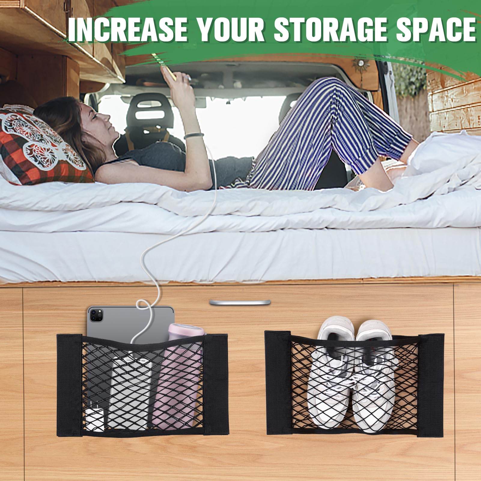 Bigmeta 4PCS RV Cargo Storage Mesh Net, Elastic Stretchable Netting Pocket with 8 Adhesive Strip Wall Sticker for SUV, Truck(17.