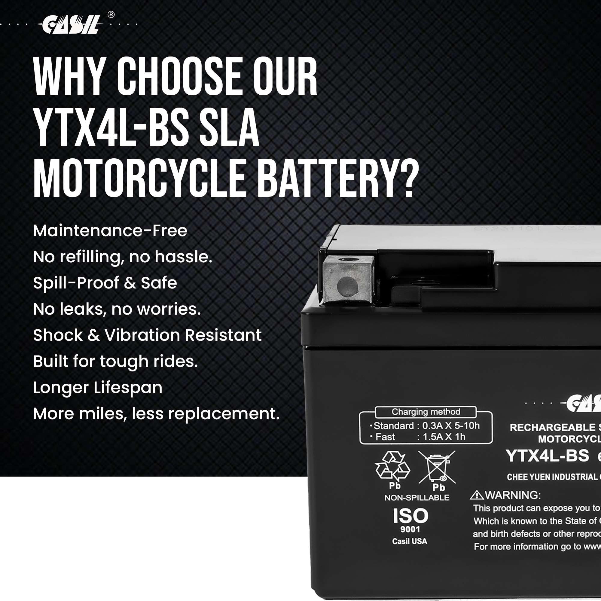 Ytx4L-Bs 12V 3Ah 50 Cca Power Sport Sla Battery - Casil Battery
