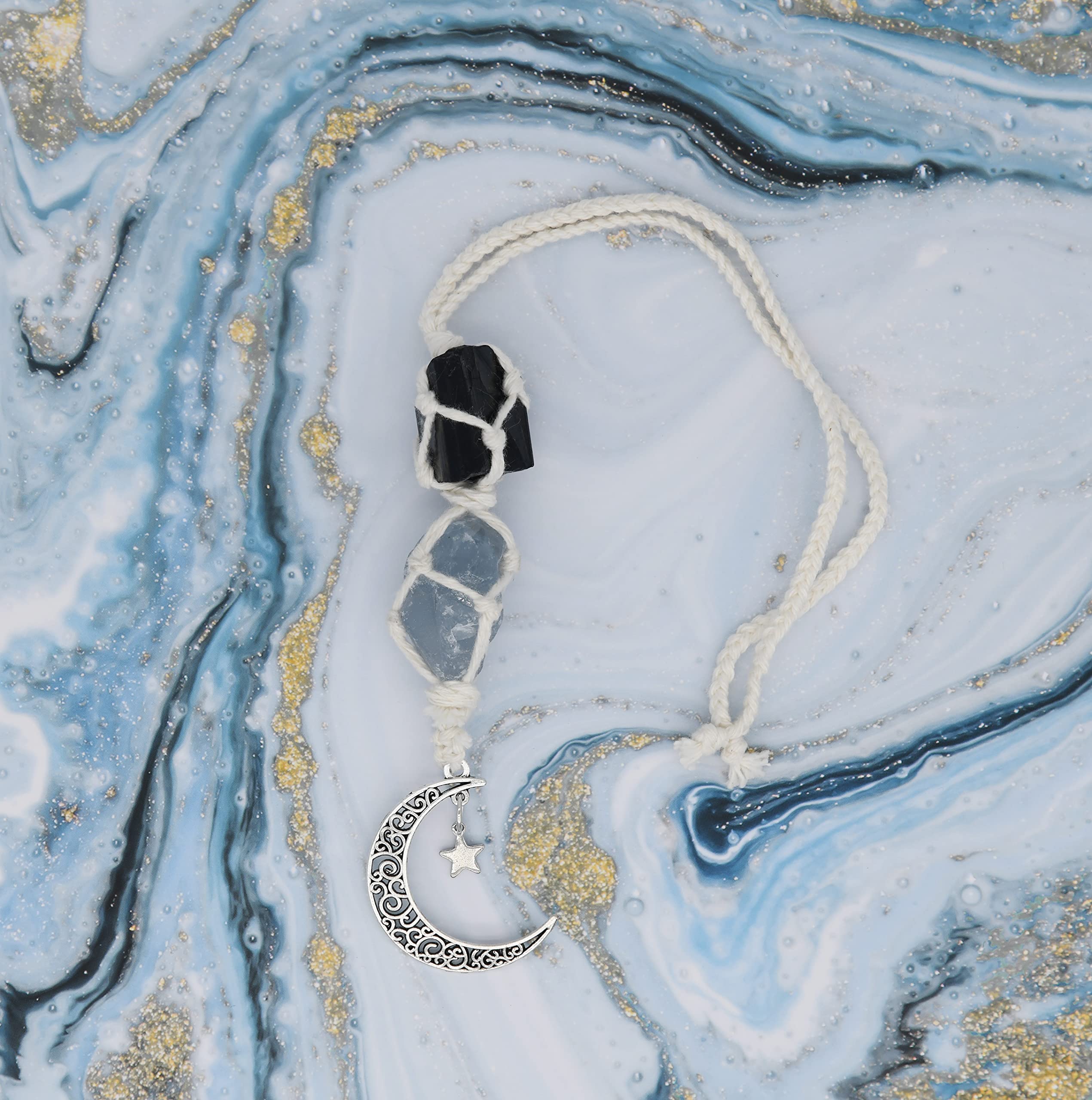 Boho Garden Hanging Car Charm - Black Tourmaline & Blue Calcite - Dangling Moon & Healing Crystal Accessories, Rearview Mirror Decorations - Confidence, Calmness, Creativity, Protection, Communication