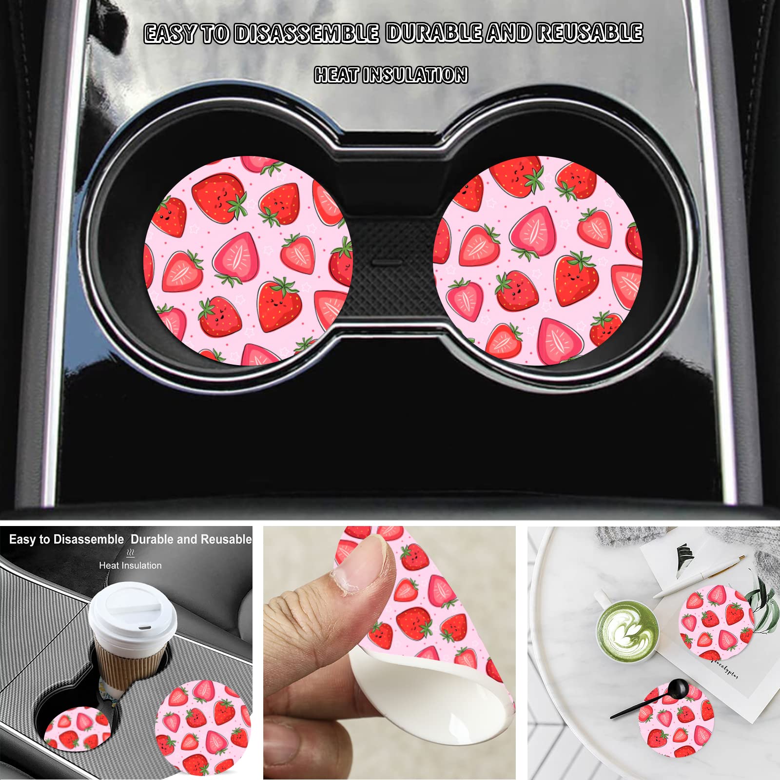 Cute Pink Strawberry Steering Wheel Cover for Women Men with 2 Pcs Car Coasters, Universal 14.5-15 Inch Rainbow Steering Wheel C