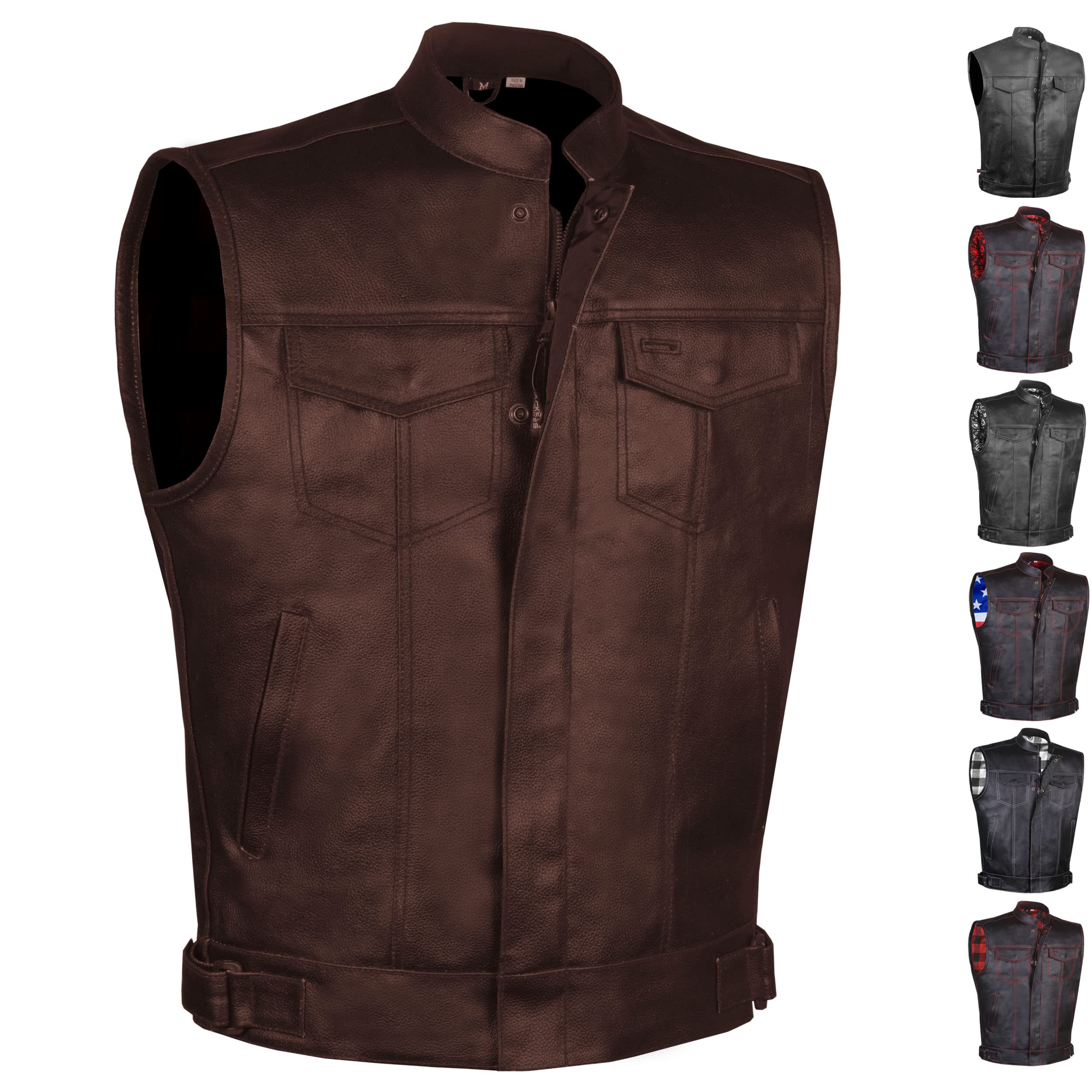 Soa Men'S Leather Motorcycle Concealed Gun Pockets Biker Club Vest W/Armor Coffee Brown L