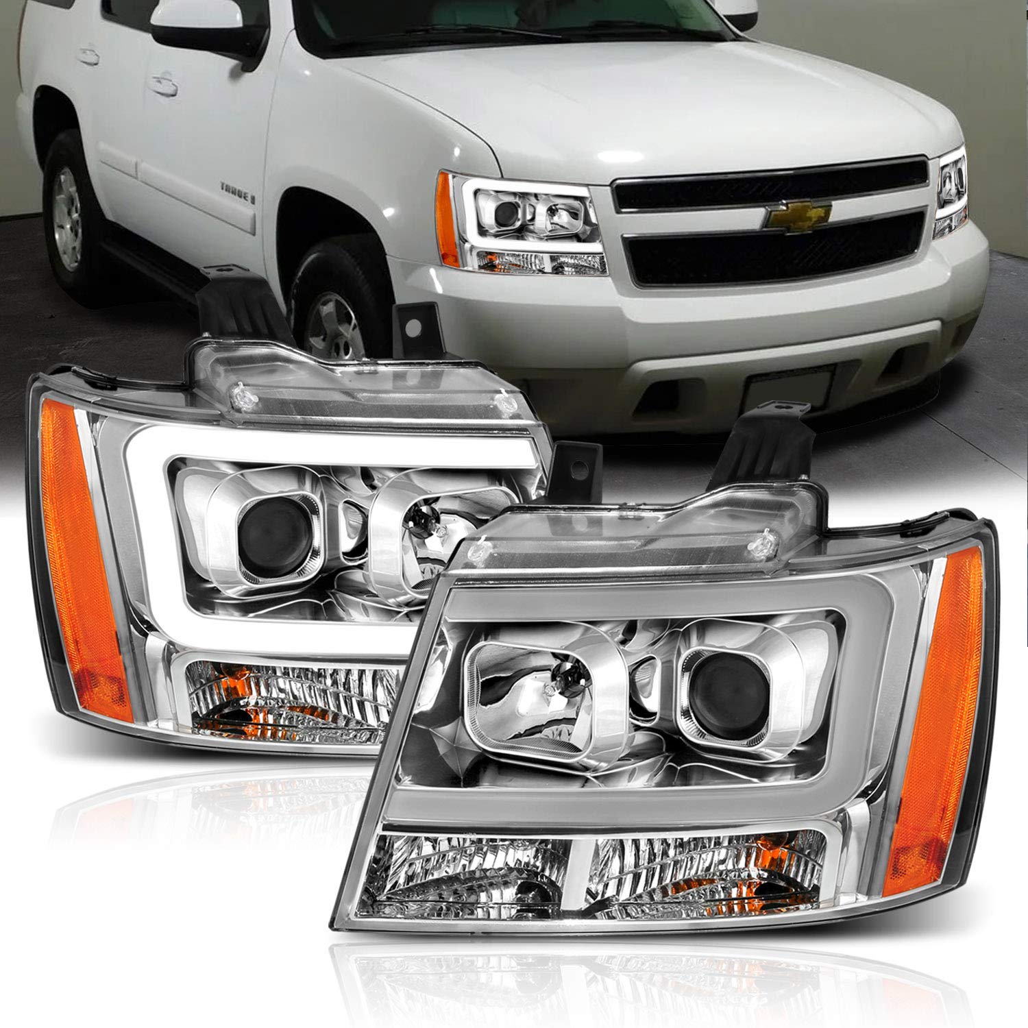 Amerilite For 2007-2013 Chevy Avalanche Suburban Tahoe Suv Super Bright Led Bar Projector Chrome Replacement Headlights Pair - L