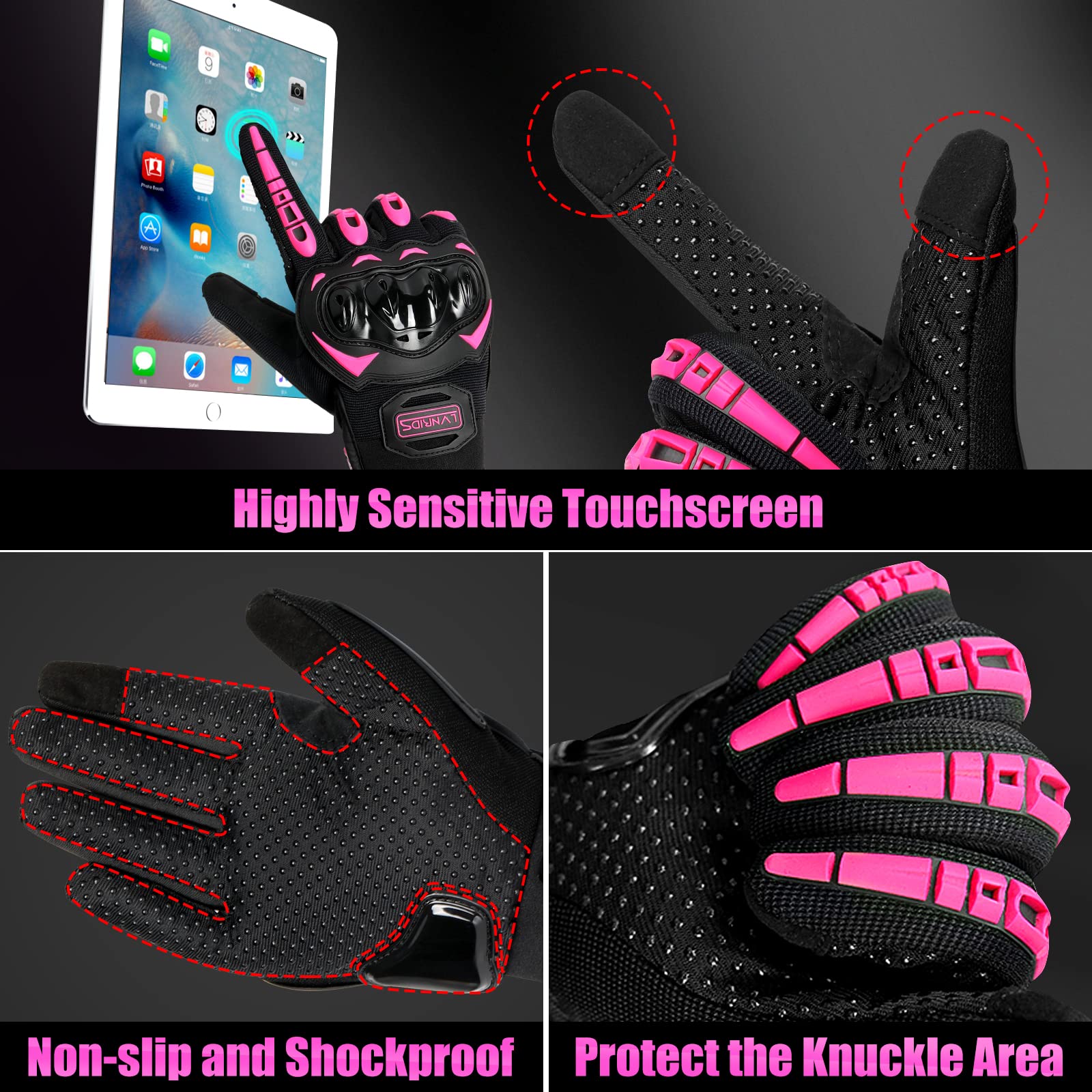 Lvnrids Motorcycle Gloves With Touchscreen Men And Women Racing Gloves For Motocross Bmx Atv Mtb Riding Cycling Pink M