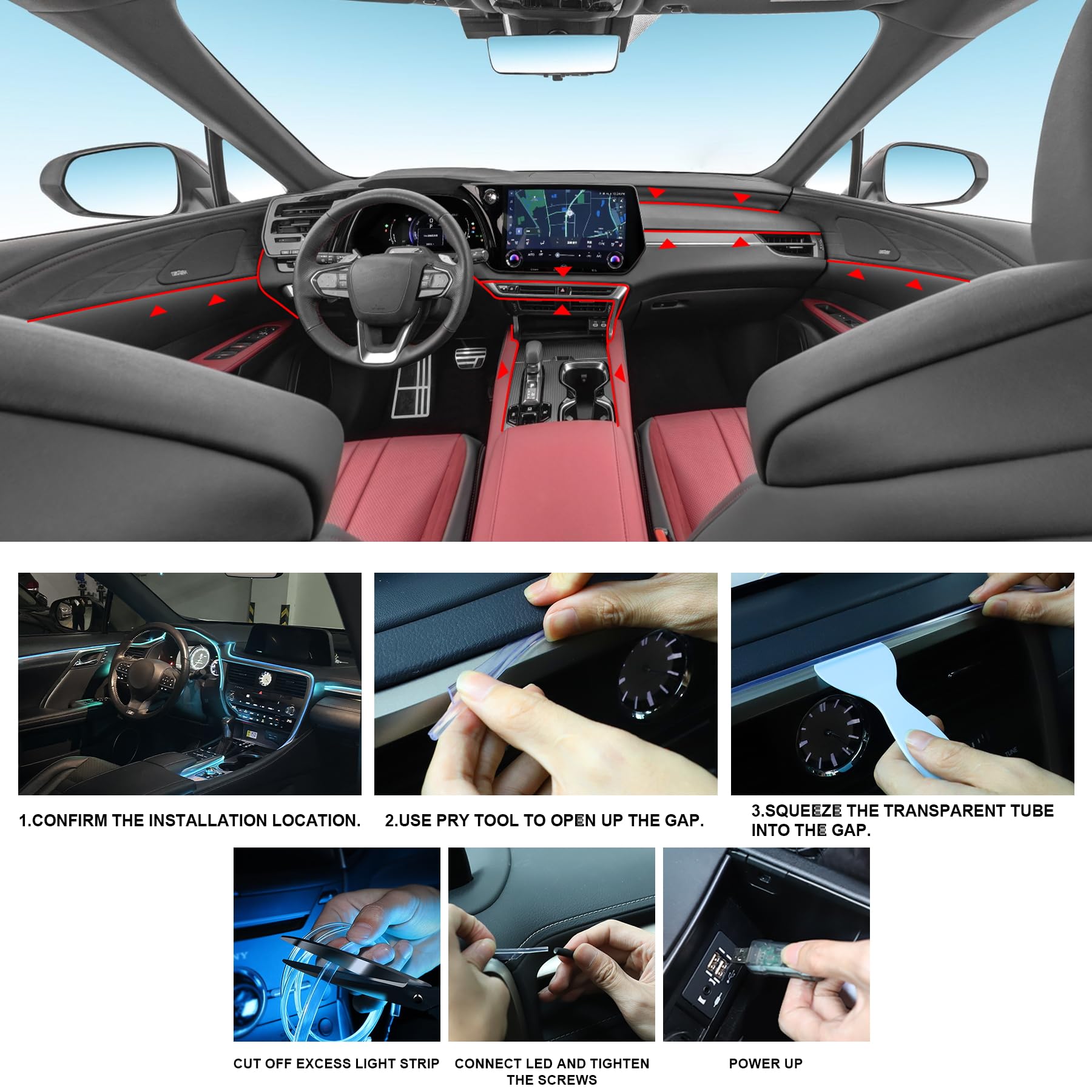 Livtee Smart Led Car Lights Interior With Usb Port, Led Strip Fiber Optic Ambient Lighting Car, Wireless App Control, Sync To Mu