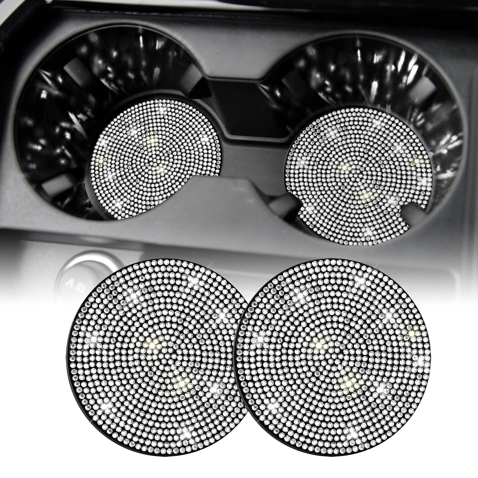 Singaro Bling Cup Holder Coasters For Car, 2Pcs Universal Non-Slip Cup Holder, Embedded Decorative Coasters, Shiny Crystal Car I