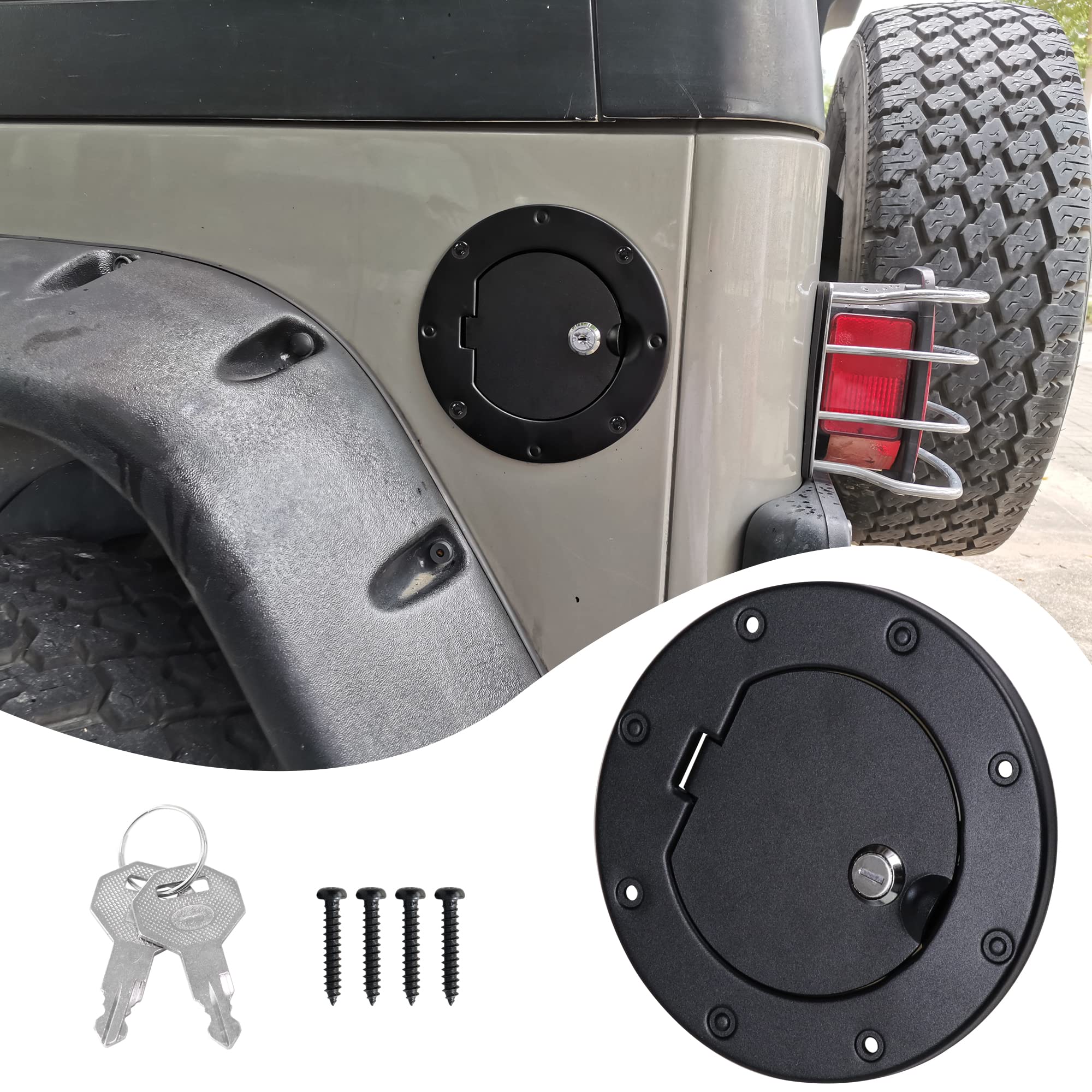 Rerpro Locking Gas Cap Cover Compatible With 1997-2006 Jeep Wrangler Tj Unlimited Sport Rubicon Sahara Exterior Accessories Fuel Filler Door Gas Tank Cap Cover, Black