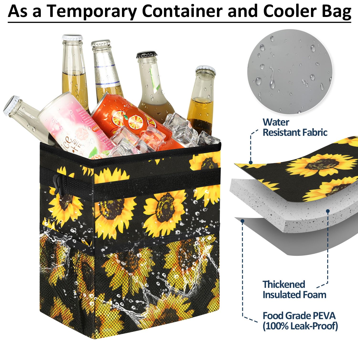 Elongriver Car Trash Can Bin For Car Back Seat Leak Proof, Cute Car Trash Bag Hanging, Vehicle Trash Can For Suv Truck Van, Automotive Car Garbage Cans Front Seat Sunflower Floral