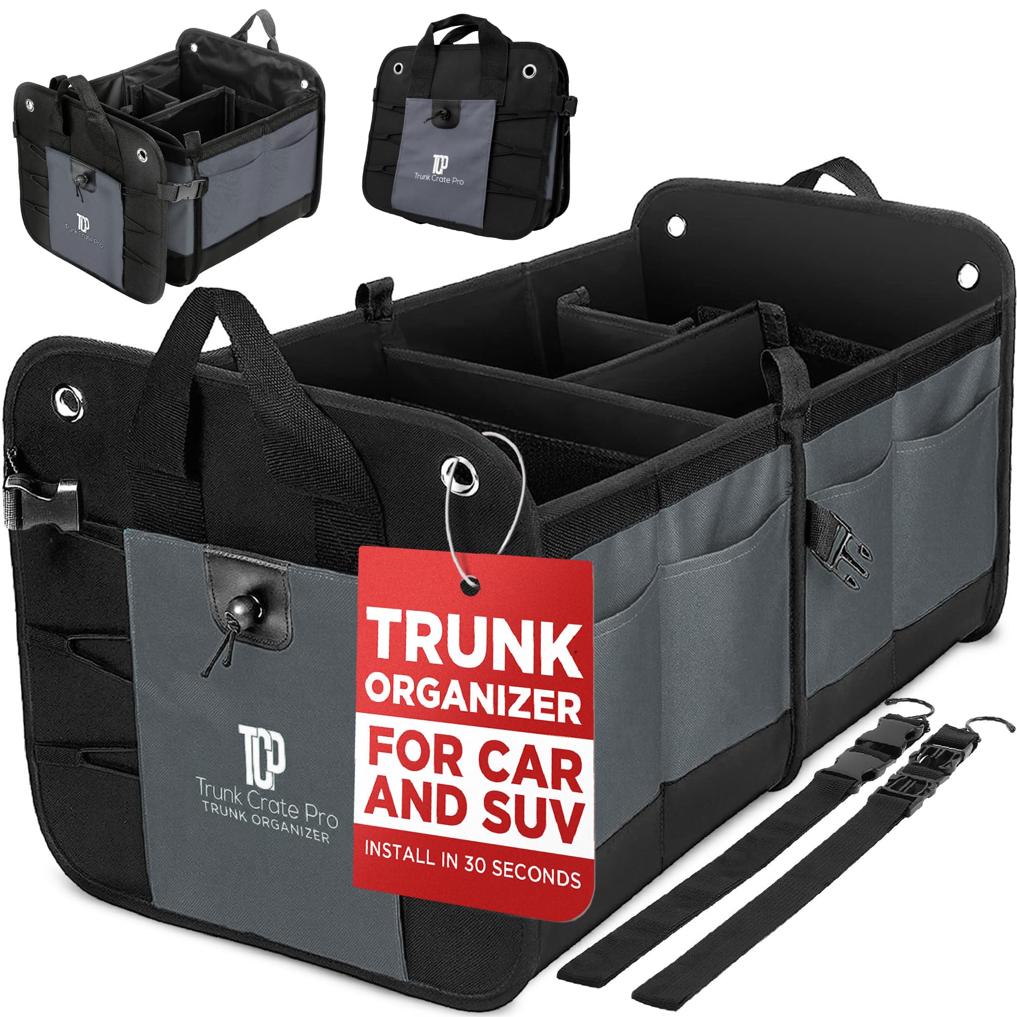 Trunkcratepro Trunk Organizer For Car, Suv, Truck | Premium Adjustable Multi Compartments Collapsible Car Trunk Organizer With S