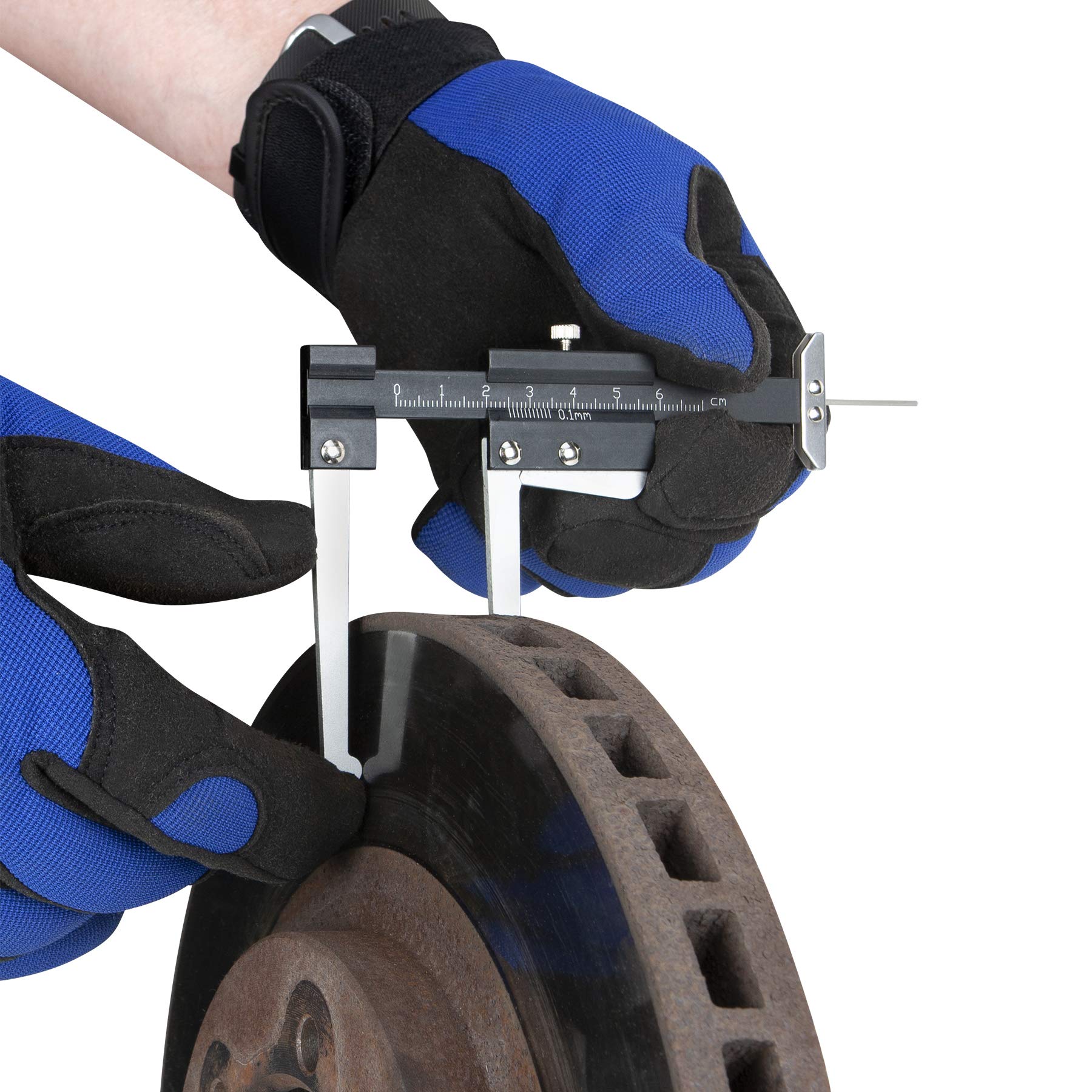 Performance Tool W80628 Brake Rotor Caliper And Tire Tread Depth Gauge With Metric Scale, Lever Action Floating Jaw, And T-Base For Most Vehicles