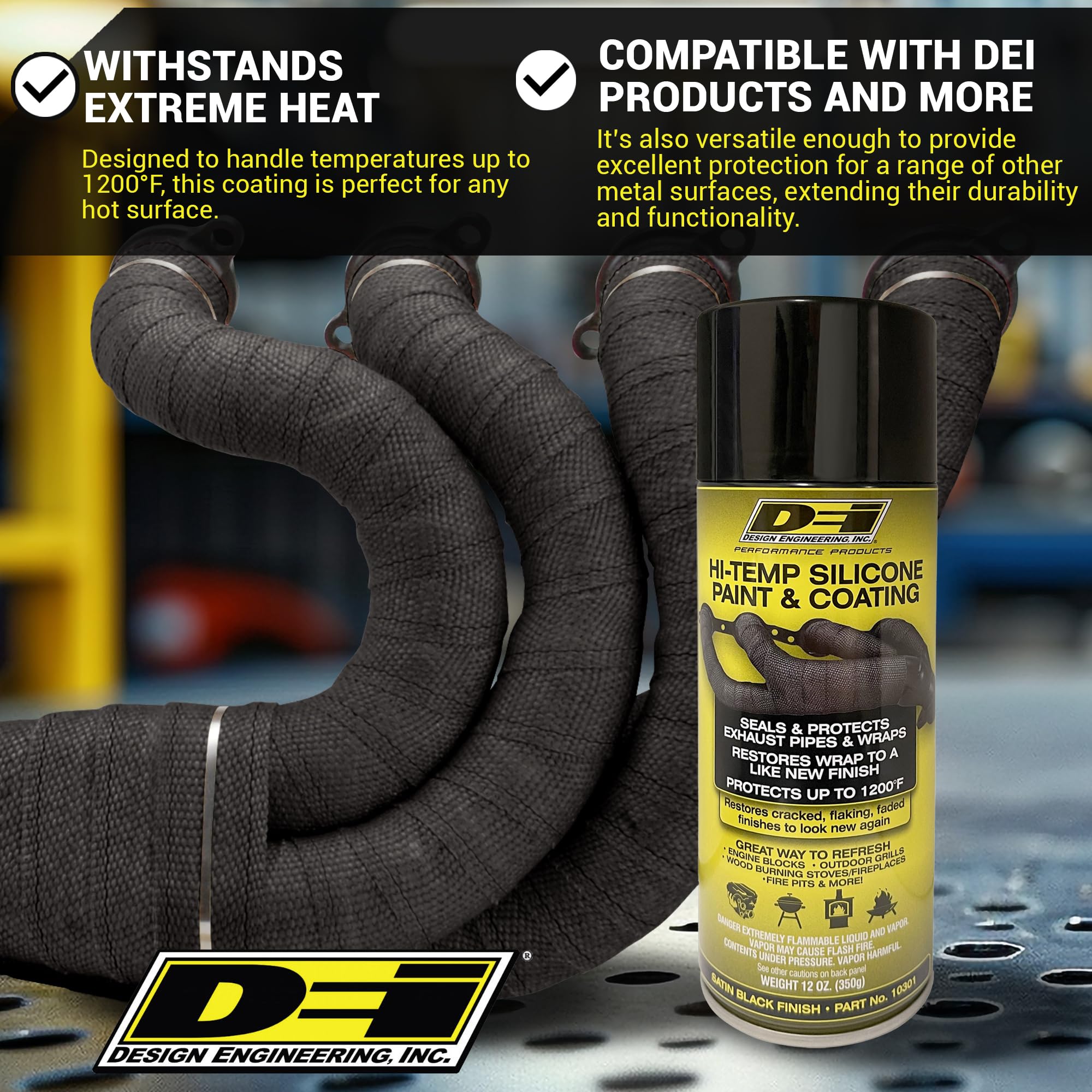 Design Engineering DEI Hi-Temp Silicone Coating Spray High Temp exhaust Wrap Sealant Protects up to 1500°F For Exhaust Wraps, Engine Blocks, Pipes, Manifolds Black
