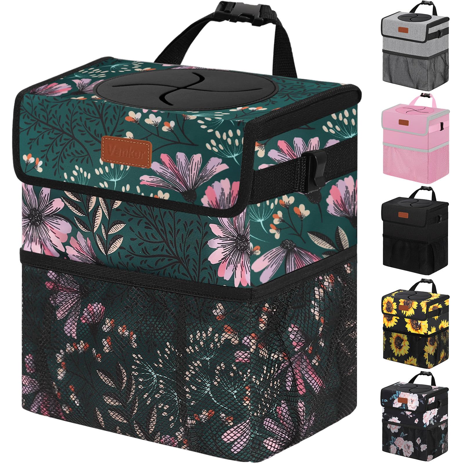 Vankor Car Trash Can For Cute, Bag Bin Hanging Waterproof Automotive Garbage Cans Leak Proof Vehicle Navy Floral