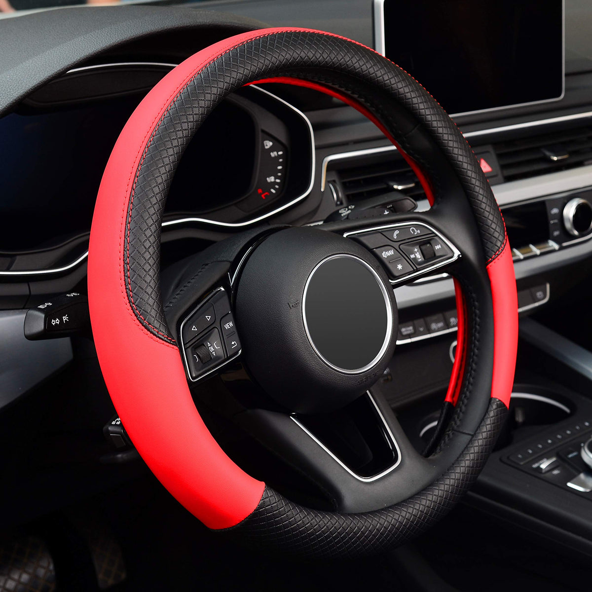 Labbyway Microfiber Leather Steering Wheel Cover, Universal Fit 15 Inch Car Anti-Slip Wheel Protector (Black And Red)