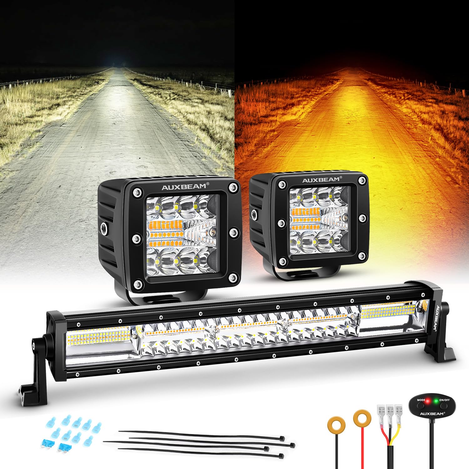 Auxbeam 6 Modes Amber White Series, 22'' Led Light Bar With 3'' Led Pods Combo Set, Dual Color Flashing Strobe Offroad Lights, S