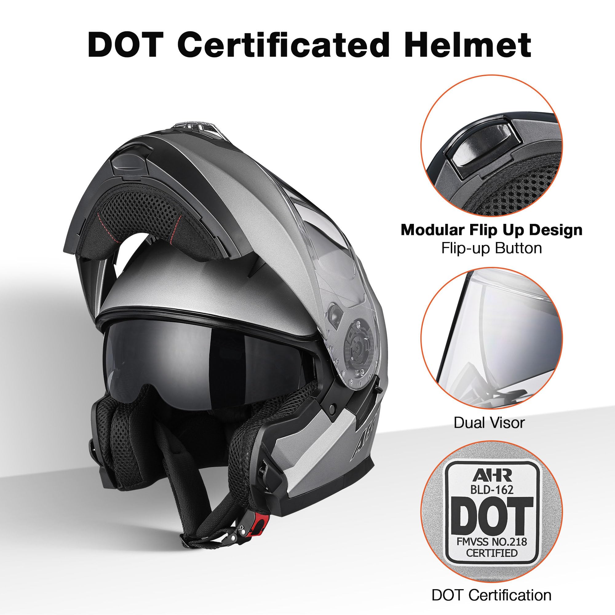 Ahr Motorcycle Helmet Dual Visor Modular Flip Up Full Face Helmet Dot Approved - Ahr Helmet Run-M3 For Adult Motorbike Street Bi